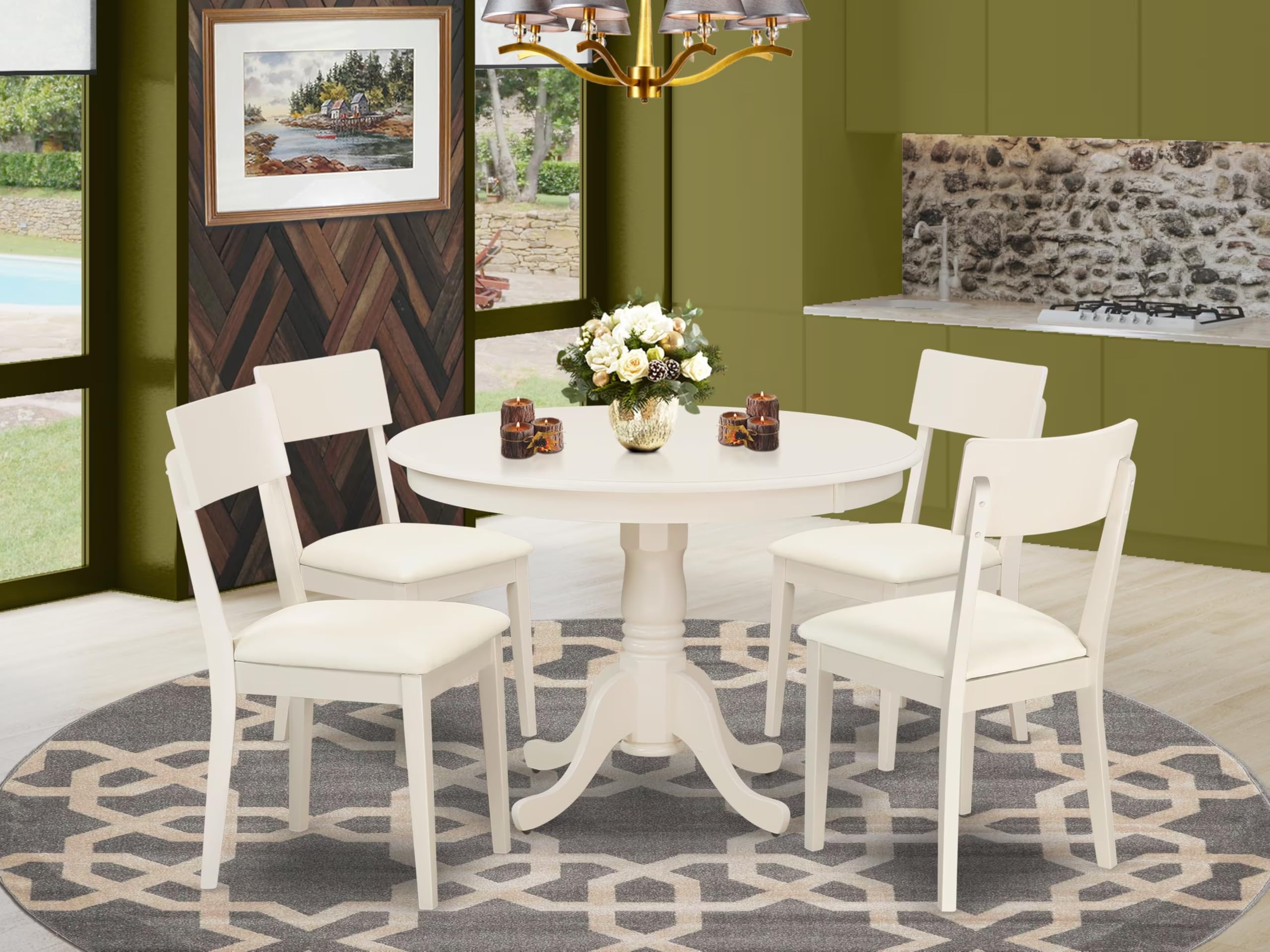 East West Furniture HLAD5-LWH-LC 5 Piece Dinette Set for 4 Includes a Round Dining Table with Pedestal and 4 Faux Leather Dining Room Chairs, 42x42 Inch, Linen White