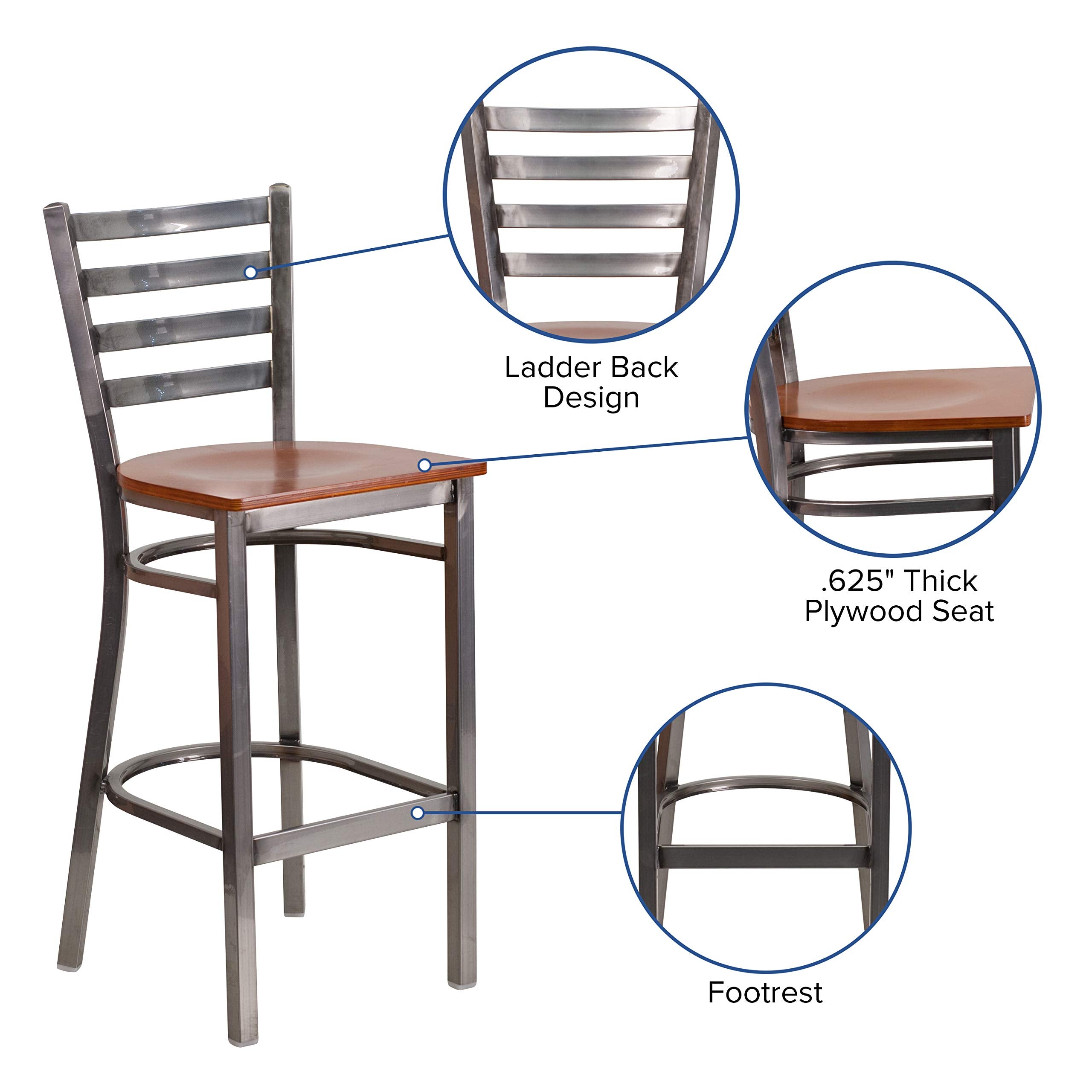 Flash Furniture Hercules Series Clear Coated Ladder Back Metal Restaurant Barstool - Cherry Wood Seat