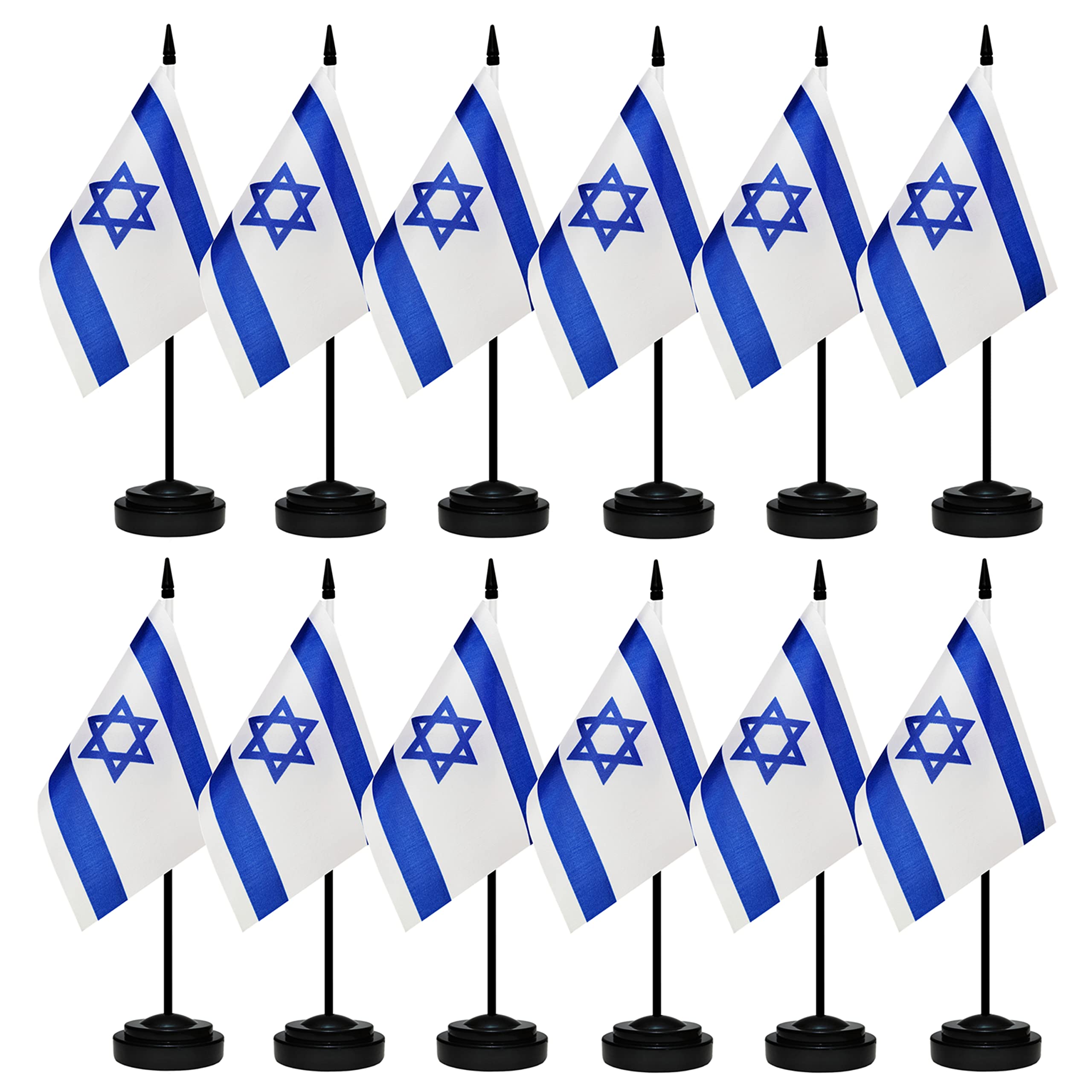12 Pack Israel Desk Flags Set, Israeli Small Mini Table Office Flags With 12' Solid Black Pole, 8.2 X 5.5 Inches, Home And Offi