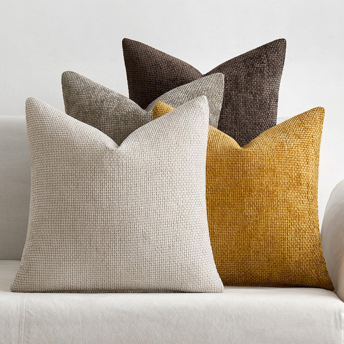 Miulee Pack Of 4 Couch Throw Pillow Covers 20X20 Inch Neutral Gold/Brown Soft Decorative Chenille Pillow Covers Farmhouse Cushio