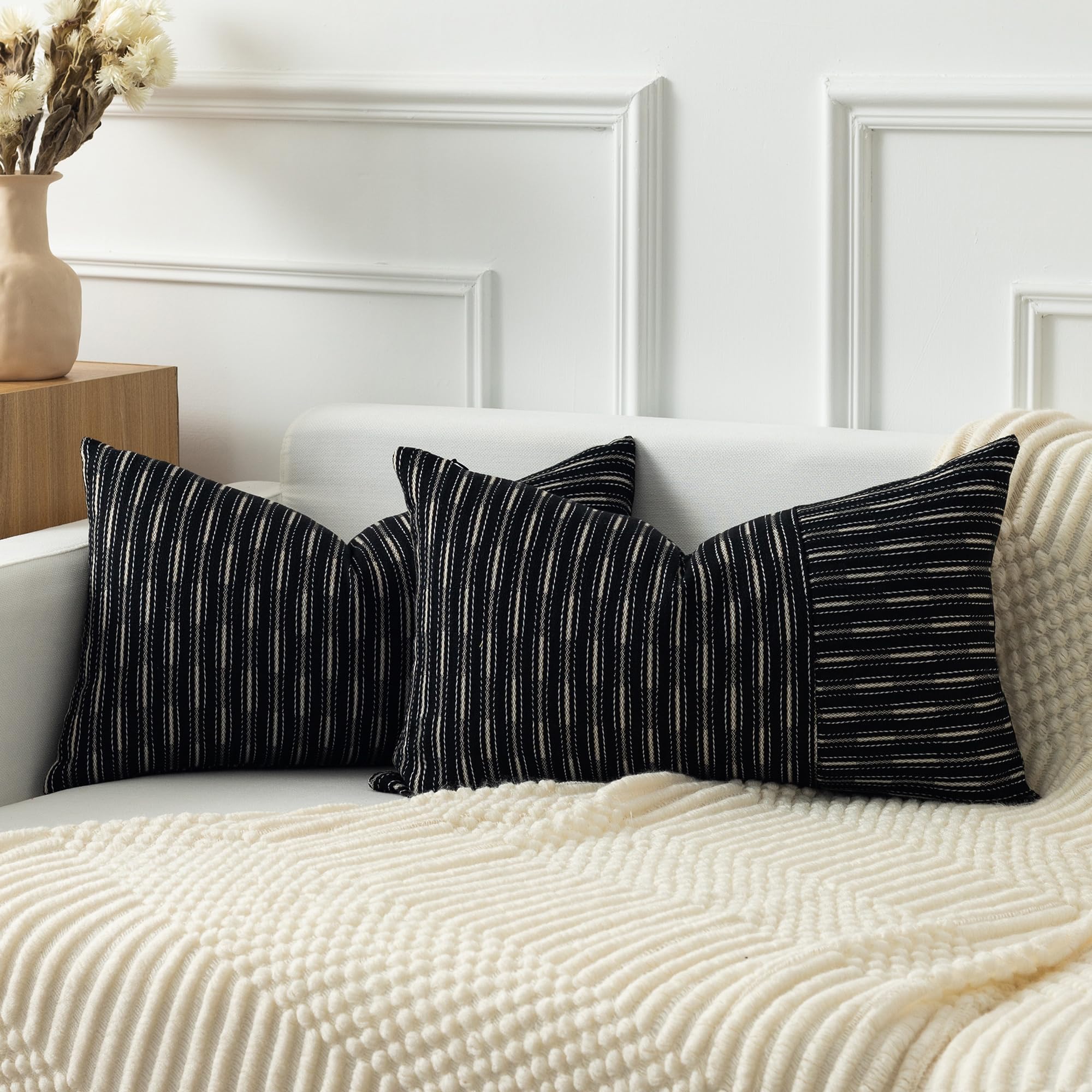 Kevin Textile Ink Black And Beige Patchwork Farmhouse Throw Pillow Covers 12 X 20 Inch, Pack Of 2 Striped Linen Decorative Pillow Case For Sofa Couch Chair Bedroom Modern Decor