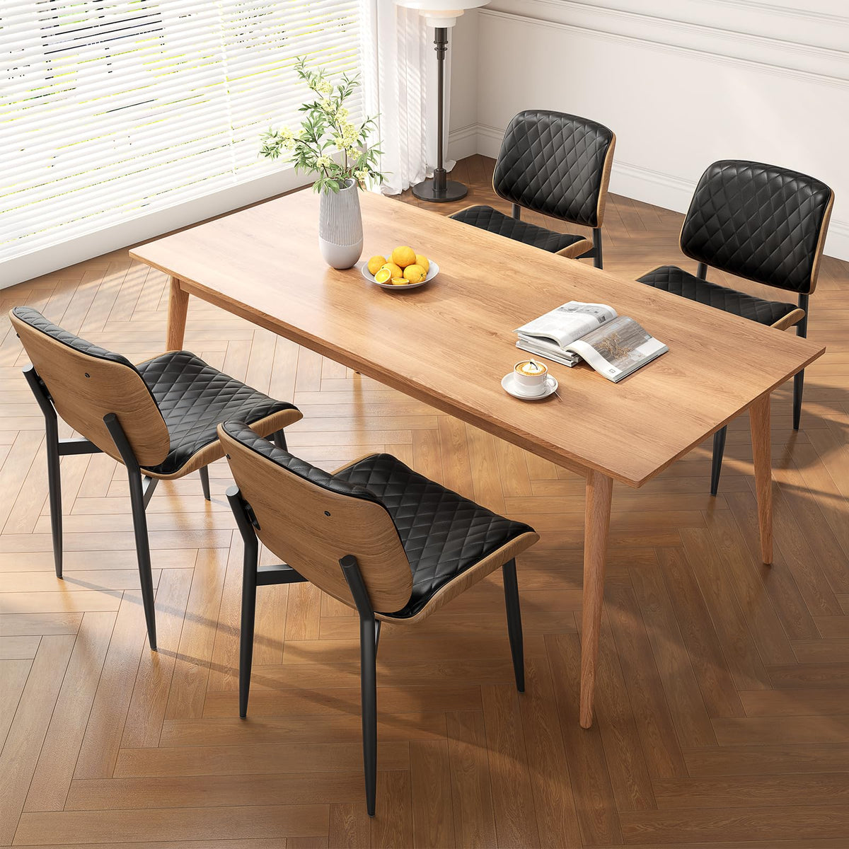 Reoney Dining Chairs Set Of 4, Mid-Century Modern Upholstered Pu Leather Chairs With Walnut Back And Metal Legs Adjustable Feet