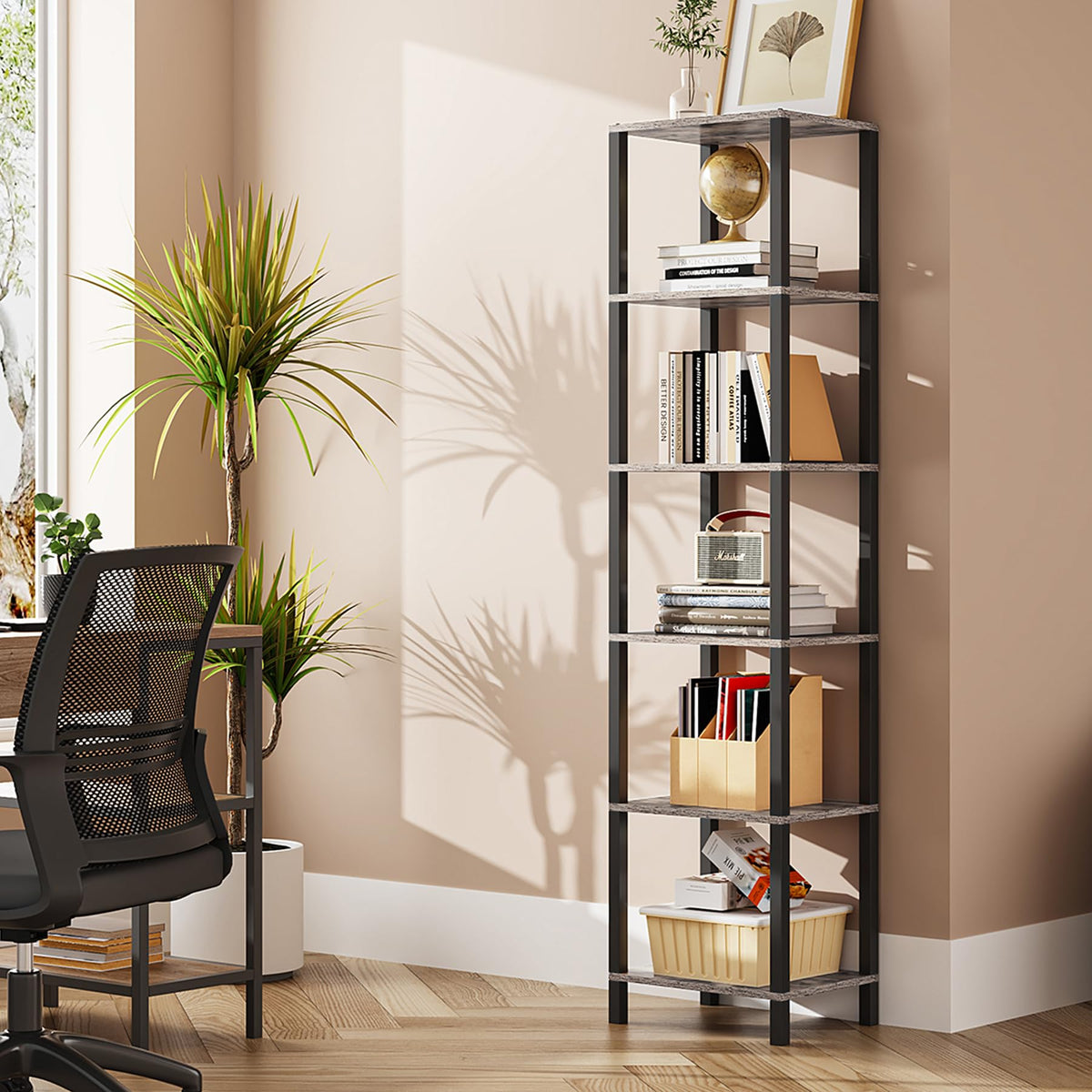Tutotak Bookshelf, 6-Tier Tall Book Shelf, Narrow Bookcase For Small Space, Diy Stackable Bookshelf, For Living Room, Office, Study, Entryway, Industrial, Greige And Black Bs01Bg006
