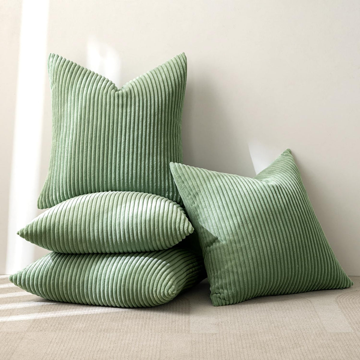 Miulee Pack Of 4 Sage Green Corduroy Decorative Throw Pillow Covers 18X18 Inch Soft Boho Striped Pillow Covers Modern Farmhouse