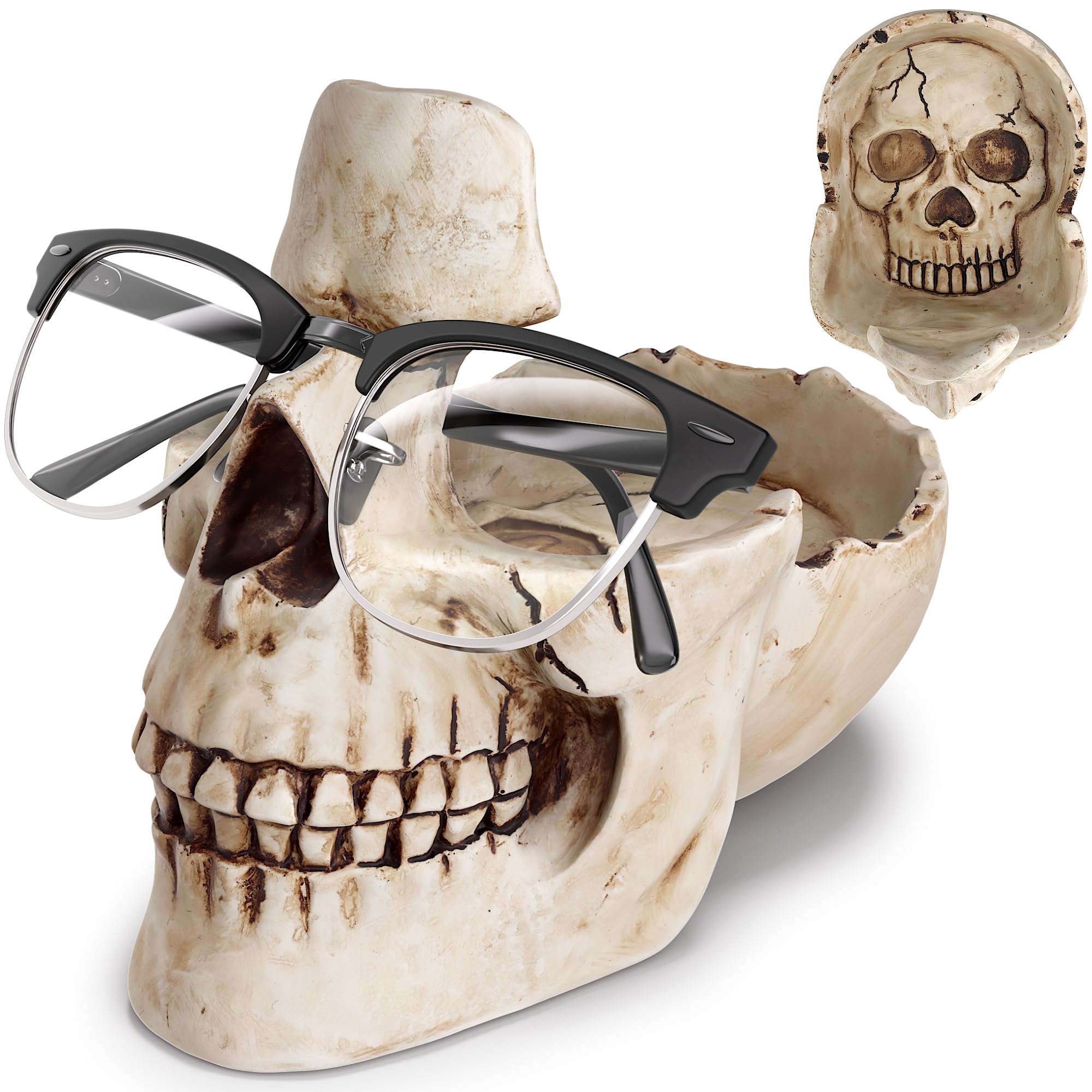 READAEER Skull Glasses Stand Holder, Creative Eyeglasses Holder, Sunglasses Spectacle Display Rack, Key Holder Resin Sculptures 