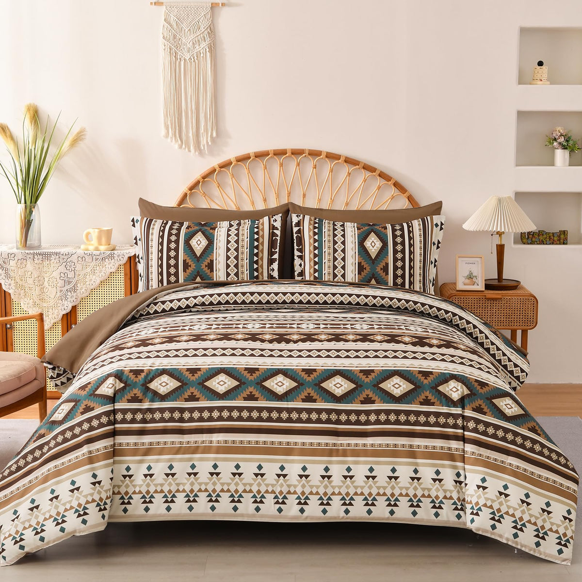 Dinjoy Boho King Size Bed In A Bag 7 Pieces,Brown/Coffee Comforter Set Aztec Striped Bedding Set Bohemian Patchwork Complete Set