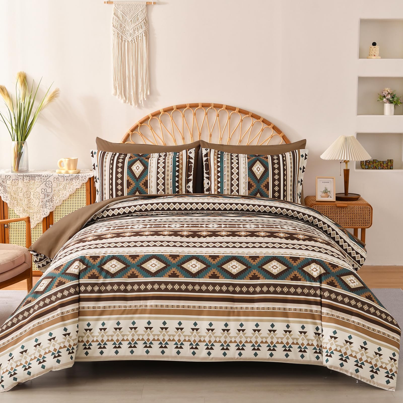 Dinjoy Boho King Size Bed In A Bag 7 Pieces,Brown/Coffee Comforter Set Aztec Striped Bedding Set Bohemian Patchwork Complete Set