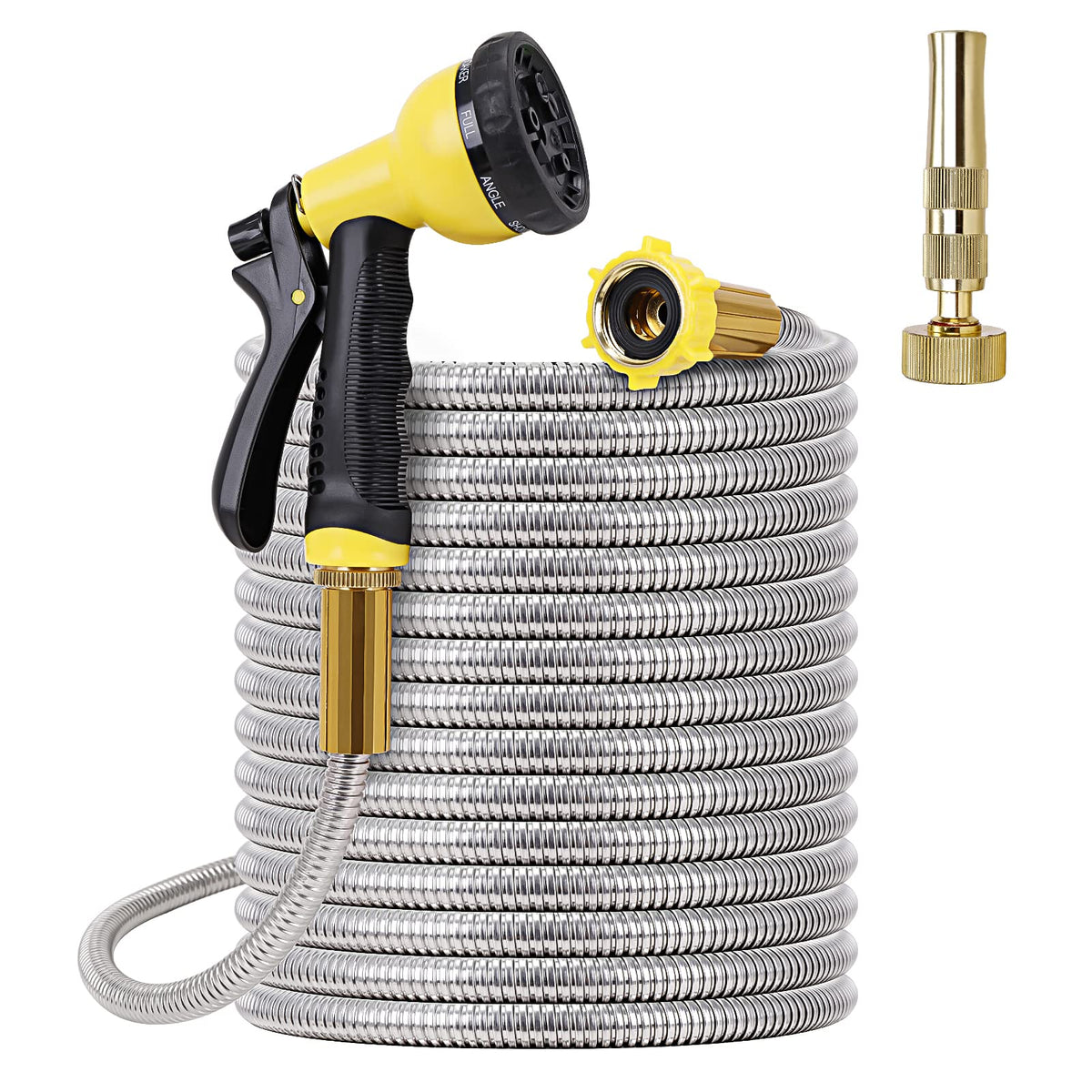 Metal Garden Hose 25Ft- Stainless Steel Heavy Duty Water Hose With Solid Metal Nozzle &8 Function Sprayer, Portable & Lightweigh