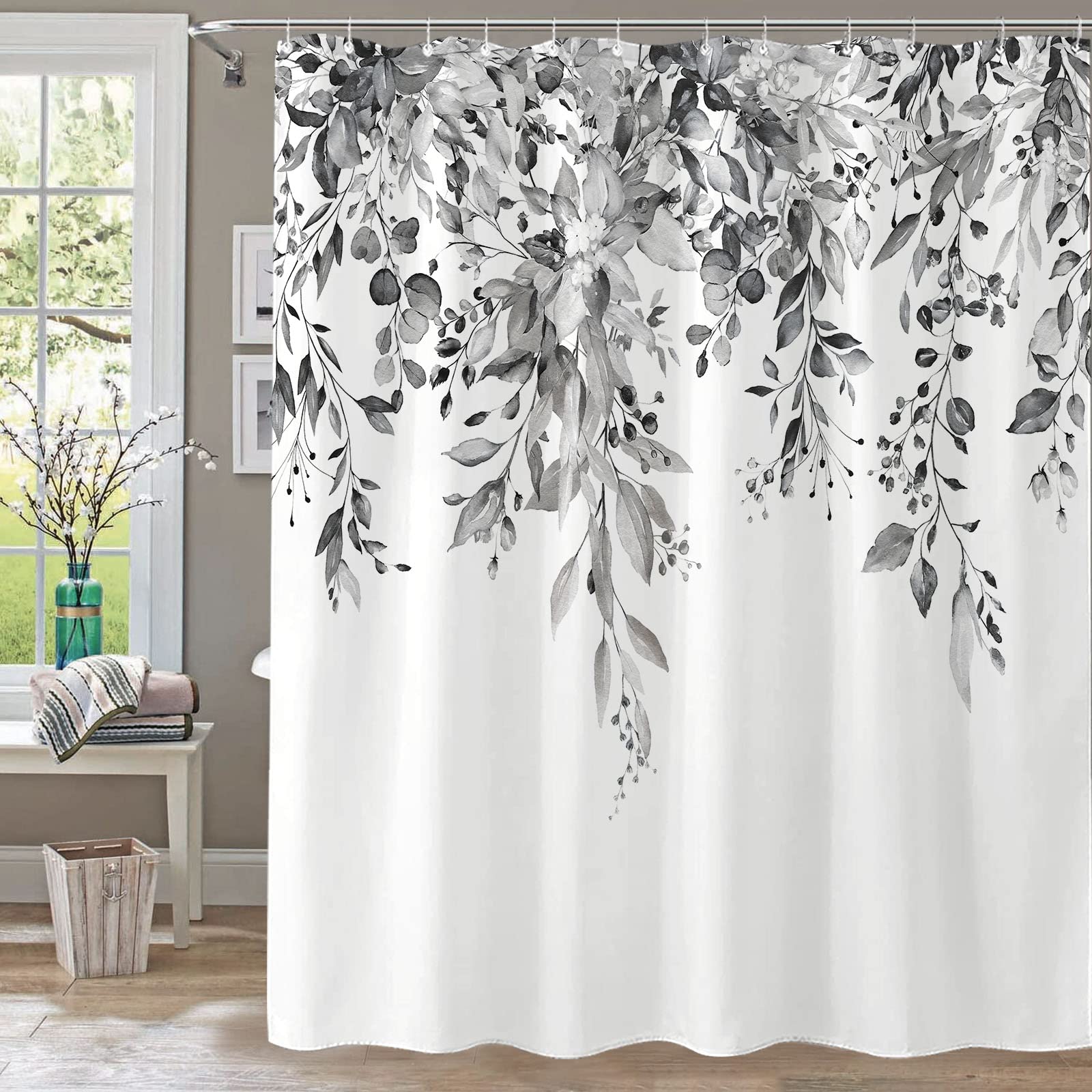 Kampdream Grey And White Eucalyptus Plant Shower Curtain, Watercolor Leaves On The Top Botanical Bathroom Curtain 72   72 Inch
