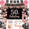 50th Birthday Decorations Set for Women One-Stop Get 36Pcs: Crown Sash Banner Balloons Hanging Swirls Paper Flowers Cake Topper 