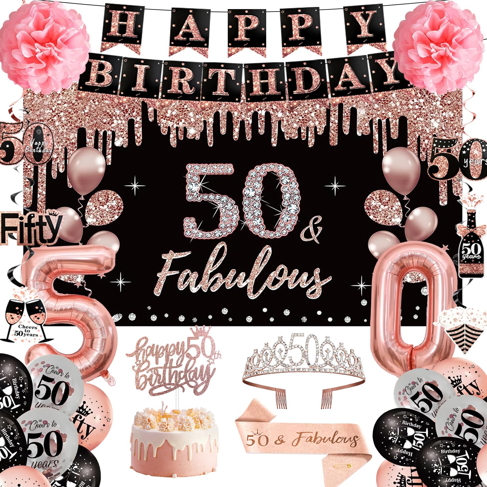 50th Birthday Decorations Set for Women One-Stop Get 36Pcs: Crown Sash Banner Balloons Hanging Swirls Paper Flowers Cake Topper 