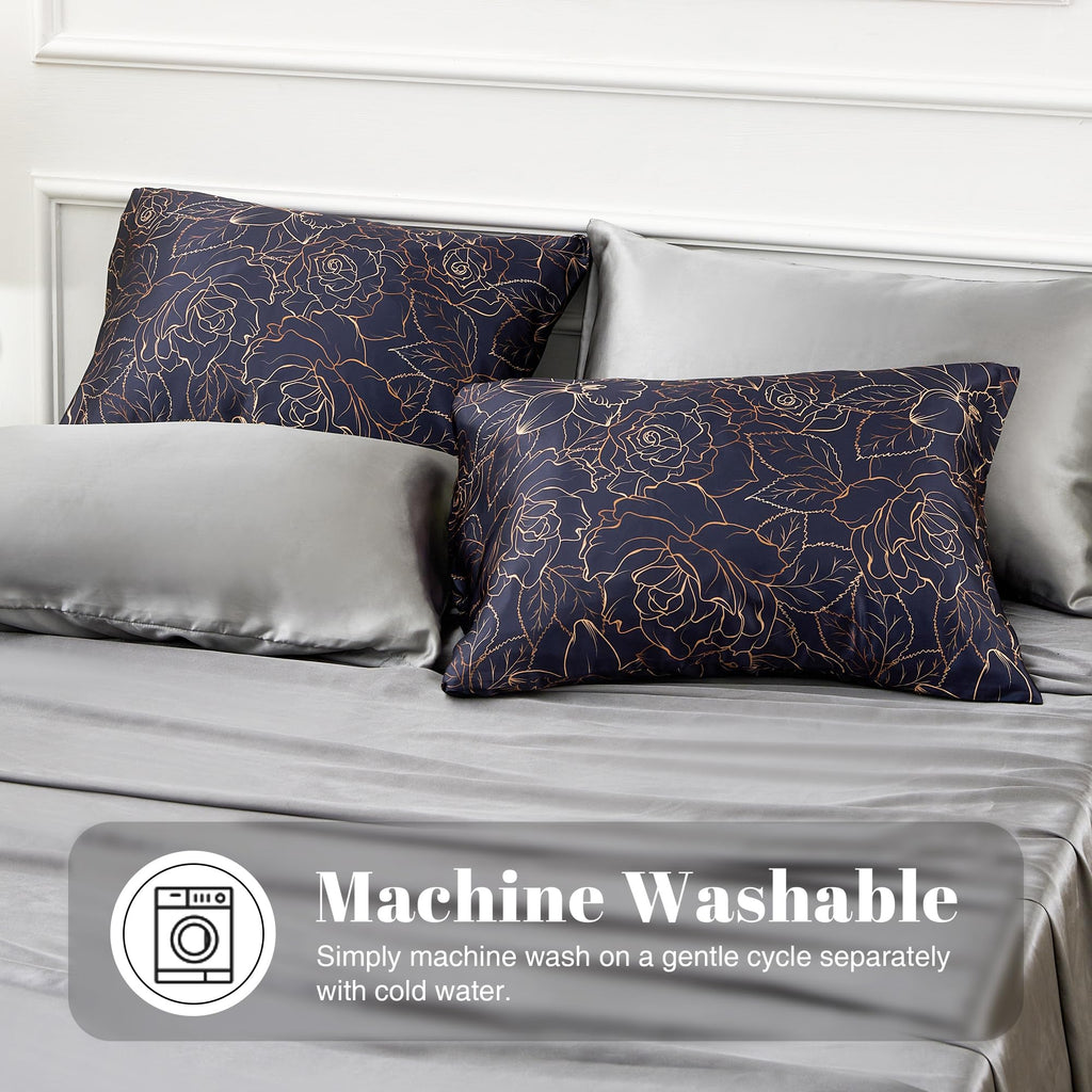 Exq Home Satin Pillowcase For Hair And Skin Queen - Printed Blue Rose Silk Pillowcase 2 Pack 20X30 Inches - Satin Pillow Cases S