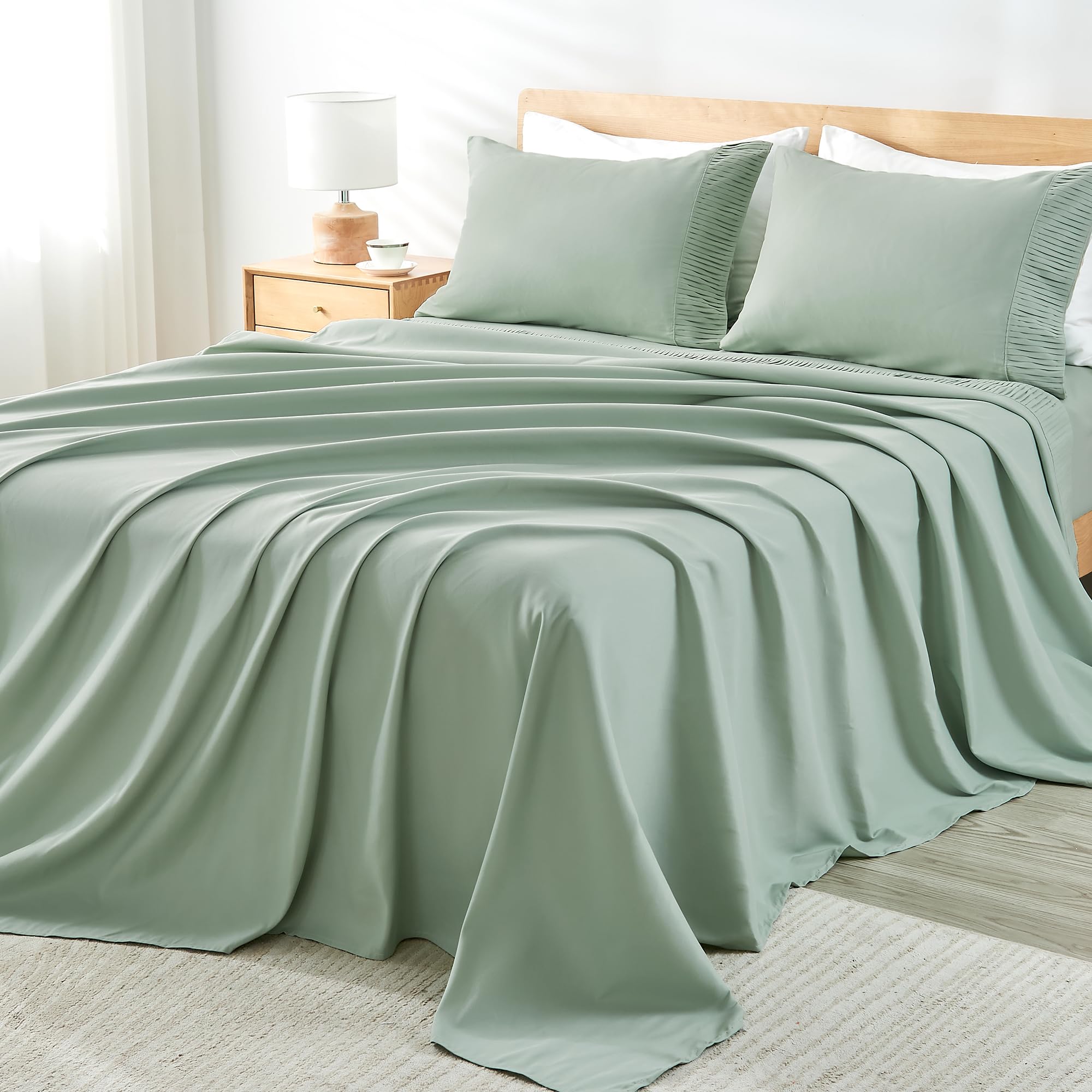 Andency Sage Green Sheets Queen Set 4 Pieces, Super Soft Sheets For Queen Size Bed, Microfiber Queen Sheet Set, Deep Pocket Up To 16', Hotel Luxury Breathable & Cooling Bedding Sheets & Pillowcases