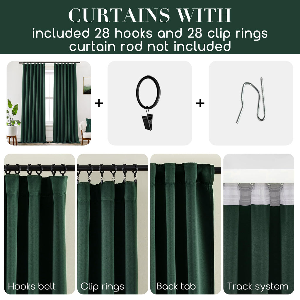 Shineland Dark Green Curtains 63 Inch Length For Living Room,2 Panels Set Back Tab Pleated Room Darkening Thermal Blackout Curta