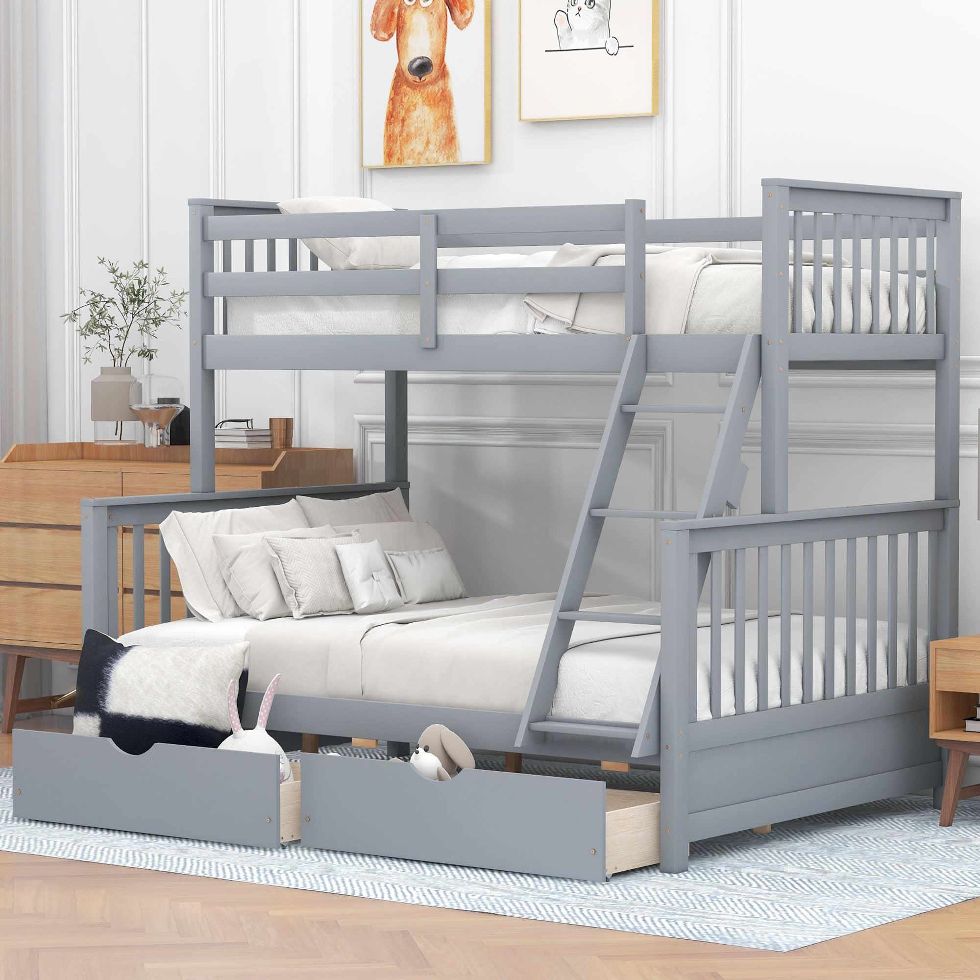 Merax Wood Bunk Bed With Drawers,Convertible Wood Bunk Bed With Ladders And Two Storage Drawers,Solid Wood Detachable Bunk Bed Frame With Ladders,Twin Over Full Size,Grey