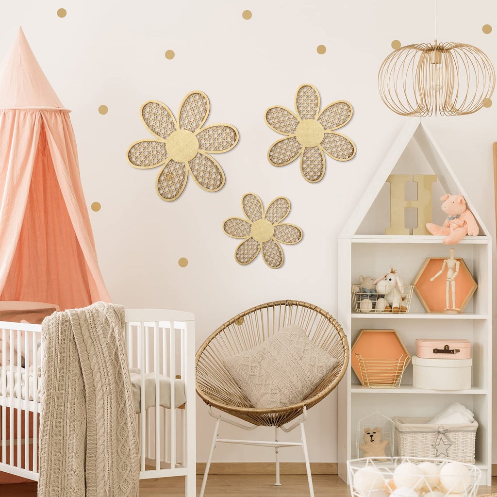 Maitys 3 Pieces Boho Daisy Wall Decor Natural Rattan Flower Wall Hanging Art Wooden Boho Wall Art Nursery Wall Decor Flowers Far