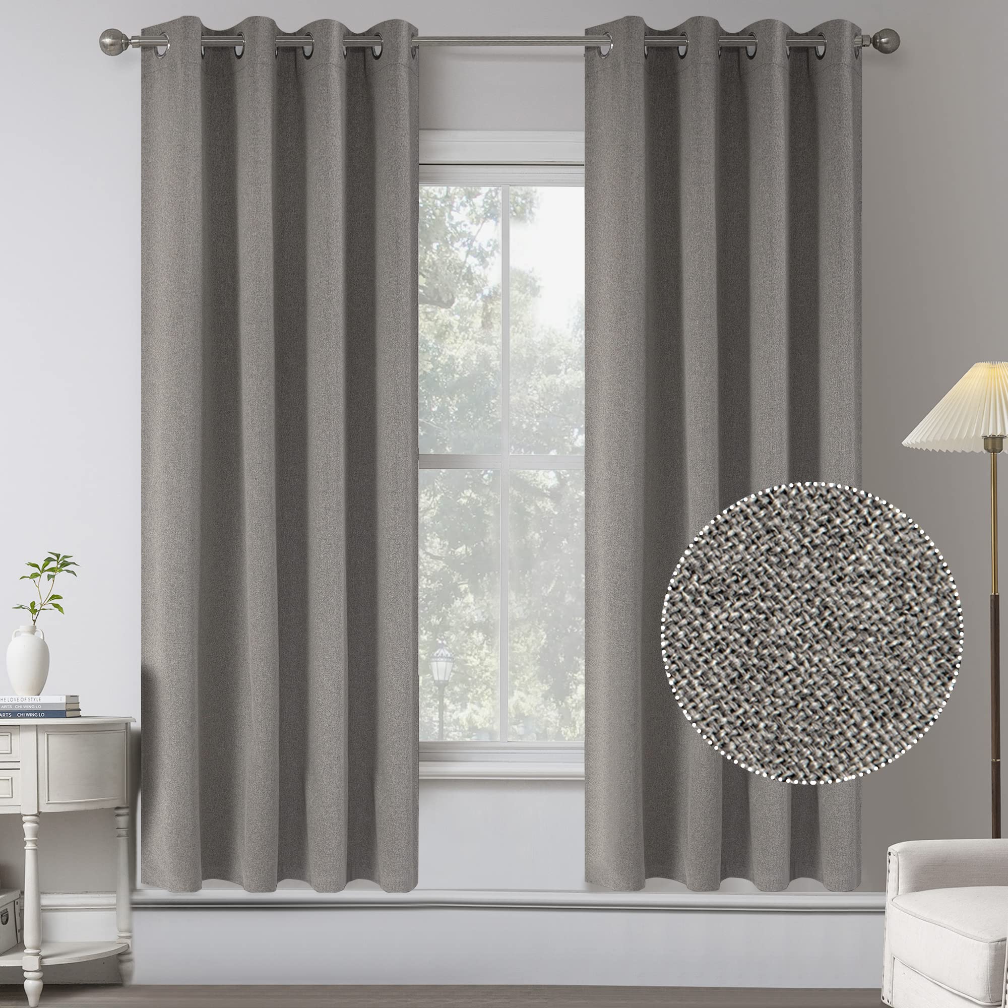 Burlap Textured Faux Linen Absolutely Blackout Curtain Drapers For Bedroom - Energy Saving Thermal Insulated Anti-Rust Grommet W