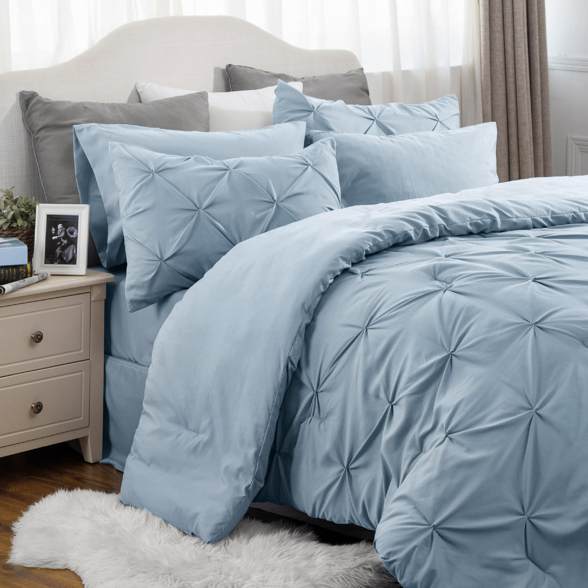 Bedsure King Size Comforter Set - Bedding Set King 7 Pieces, Pintuck Bed In A Bag Light Blue Bed Set With Comforter, Sheets, Pil