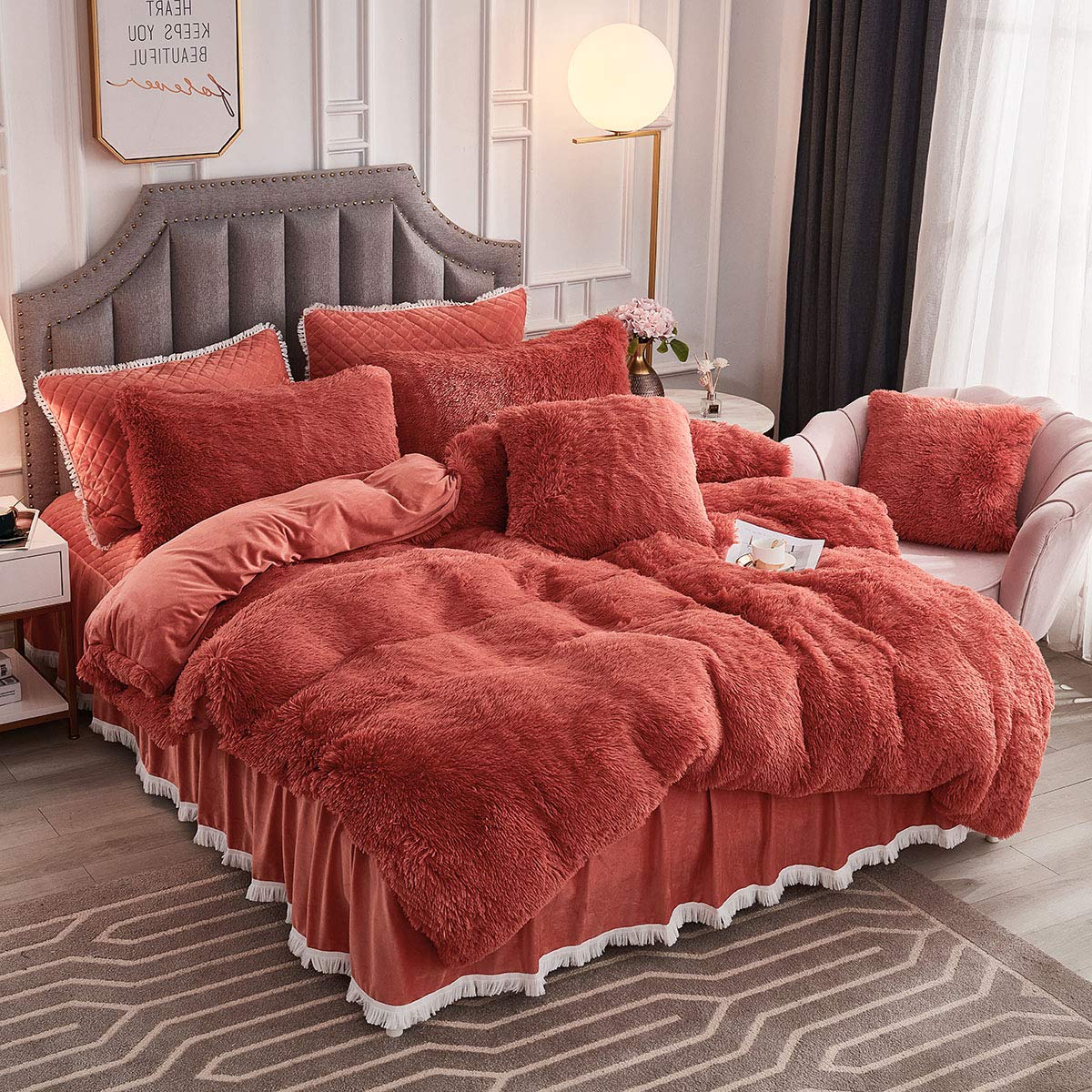 Jauxio Luxury Long Faux Fur Bedding Set Shaggy Comforter Duvet Cover With Pillow Sham Ultra Soft Crystal Velvet Reverse (Coral O