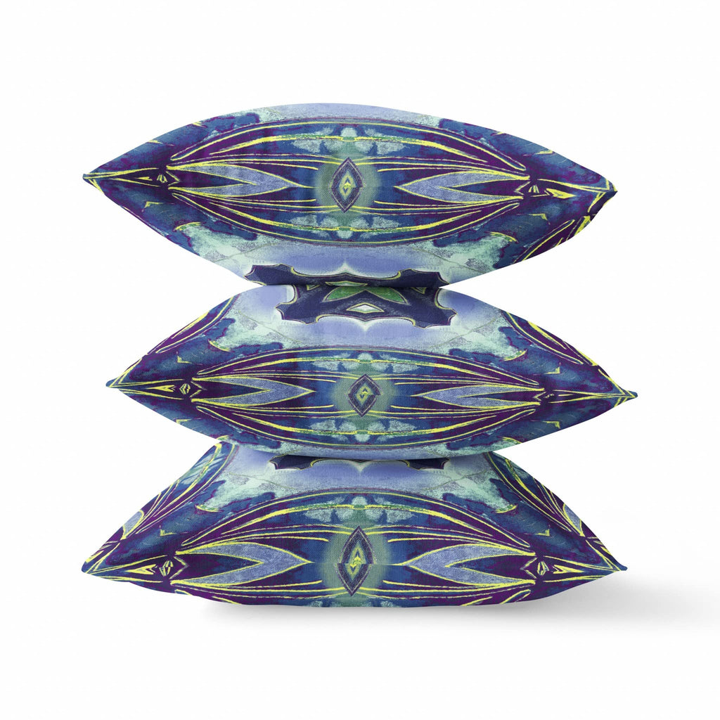 HomeRoots Peacock Blue Light Blue Broadcloth 18â€ Blue Green Geo Tribal Indoor Outdoor Throw Pillow