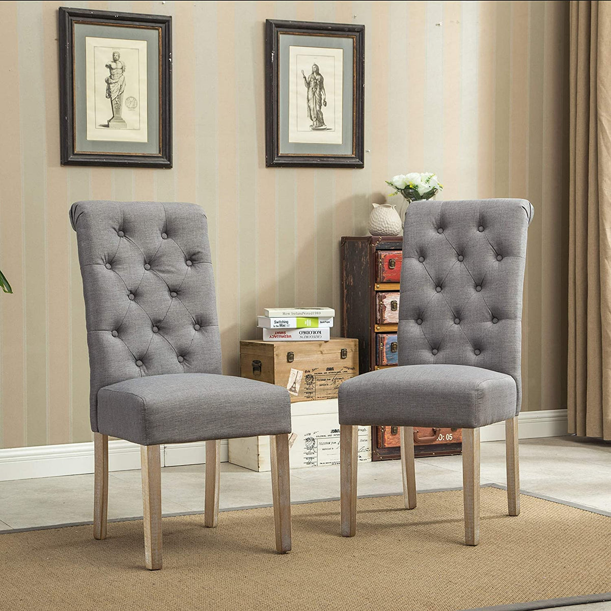 Roundhill Furniture Habit Grey Solid Wood Tufted Parsons Dining Chair (Set Of 2), Gray