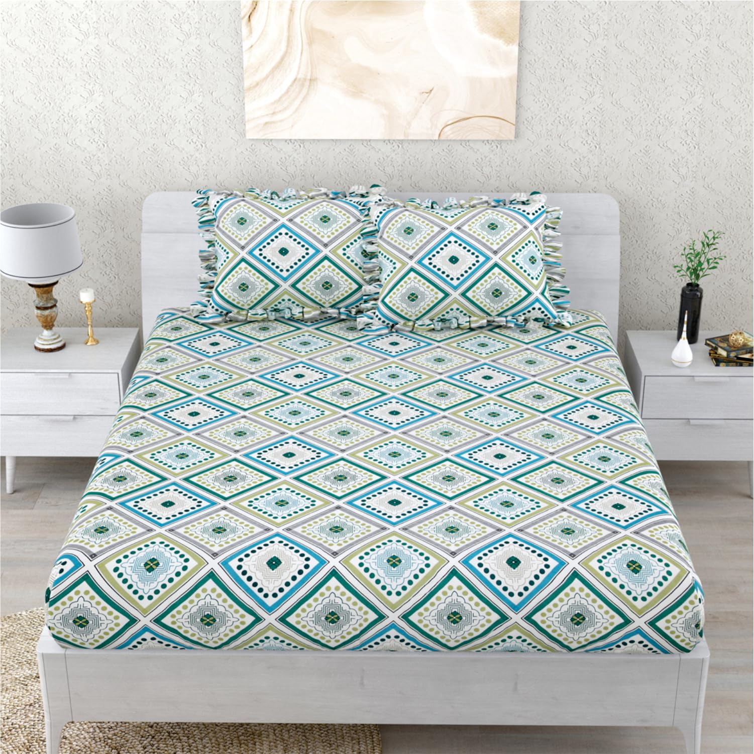 Dream Weaverz Polycotton Printed Double Bed Size Fitted Elastic Bedsheet|72X78X7|2 Frill Pillow Cover|46X72Cm| 260 Thread