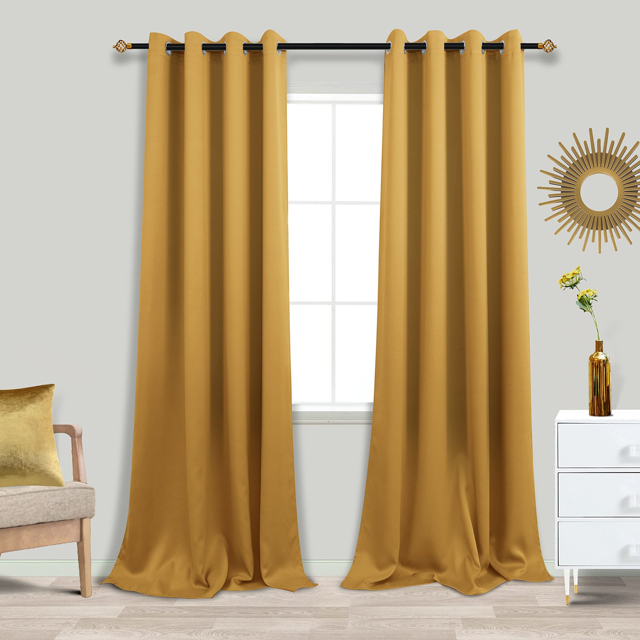 Koufall Christmas Gold Luxury Living Room Curtains & Drapes, Blackout Room Darkening Xmas Holiday Window Curtain Panels,Set Of 2