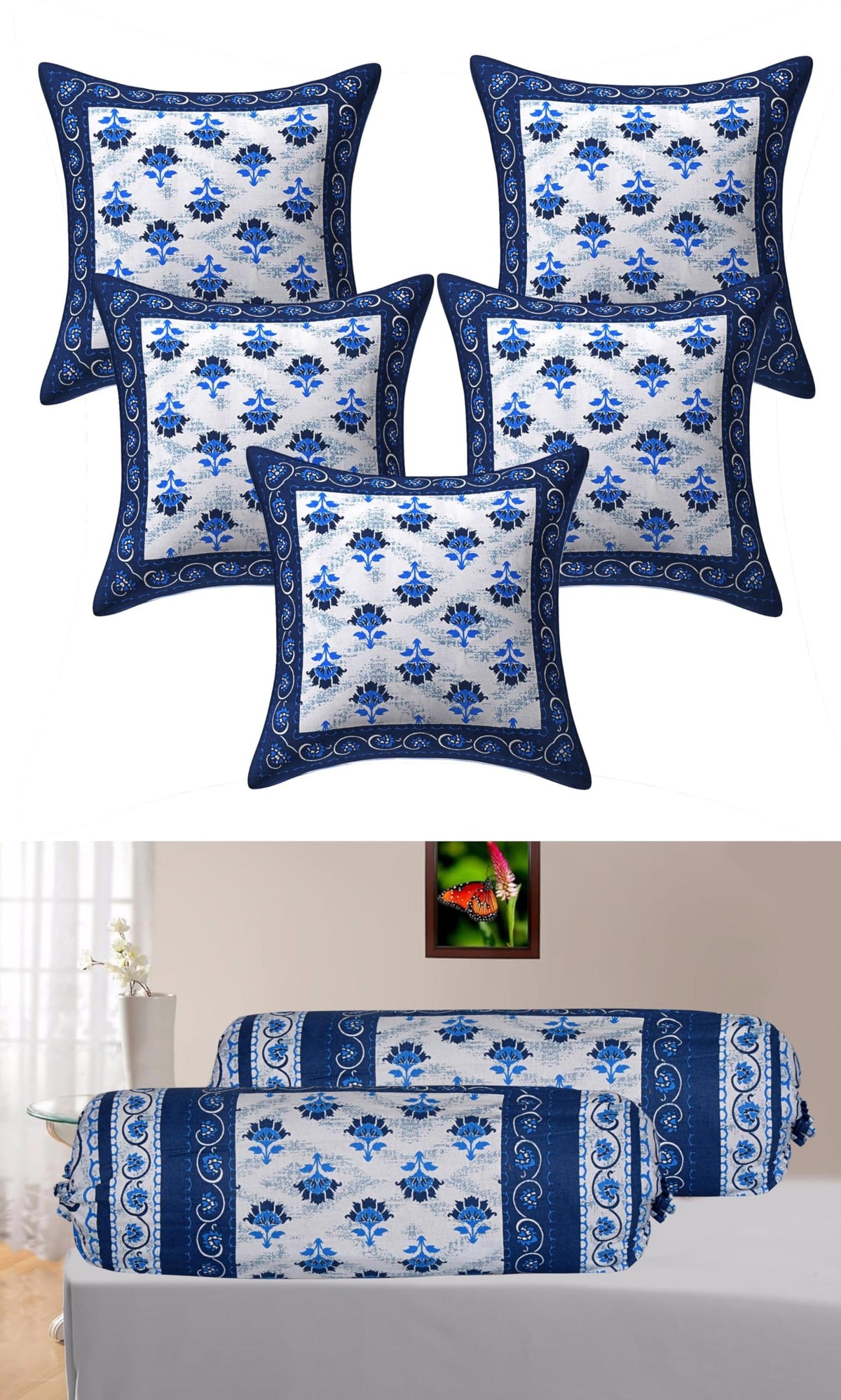 Amlexttriz Flora Print Bolster Cover Cushion & Bolster Cover Set | 5+2 Pure Cotton Decorative Pillow Covers For Sofa, Bed & Livi