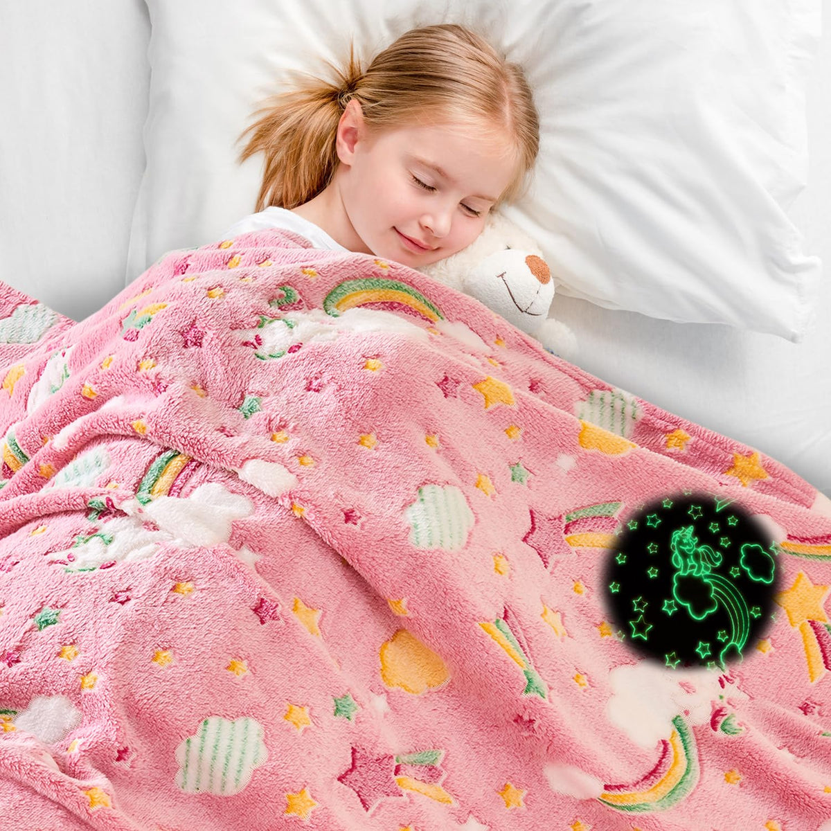 Wajade Glow In The Dark Rainbow Blanket For Girls, Soft Cozy Flannel Kids Throw Blanket For Boys And Girls, Cute Kids Blanket Fo