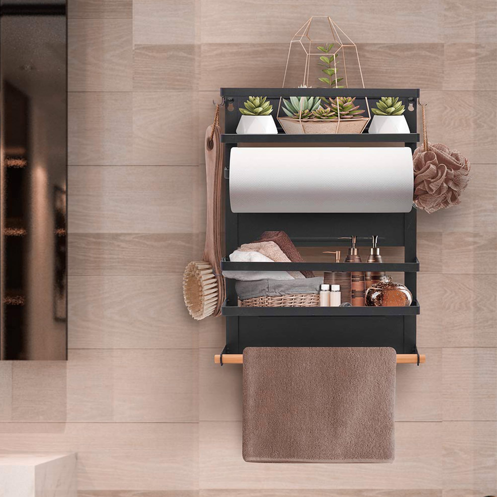 Kuber Industries 2 Tier Iron Fridge Side Rack With 3 Towel/Tissue Holder & Hooks Hanger Magnetic Kitchen Organizer Shelf For Ref