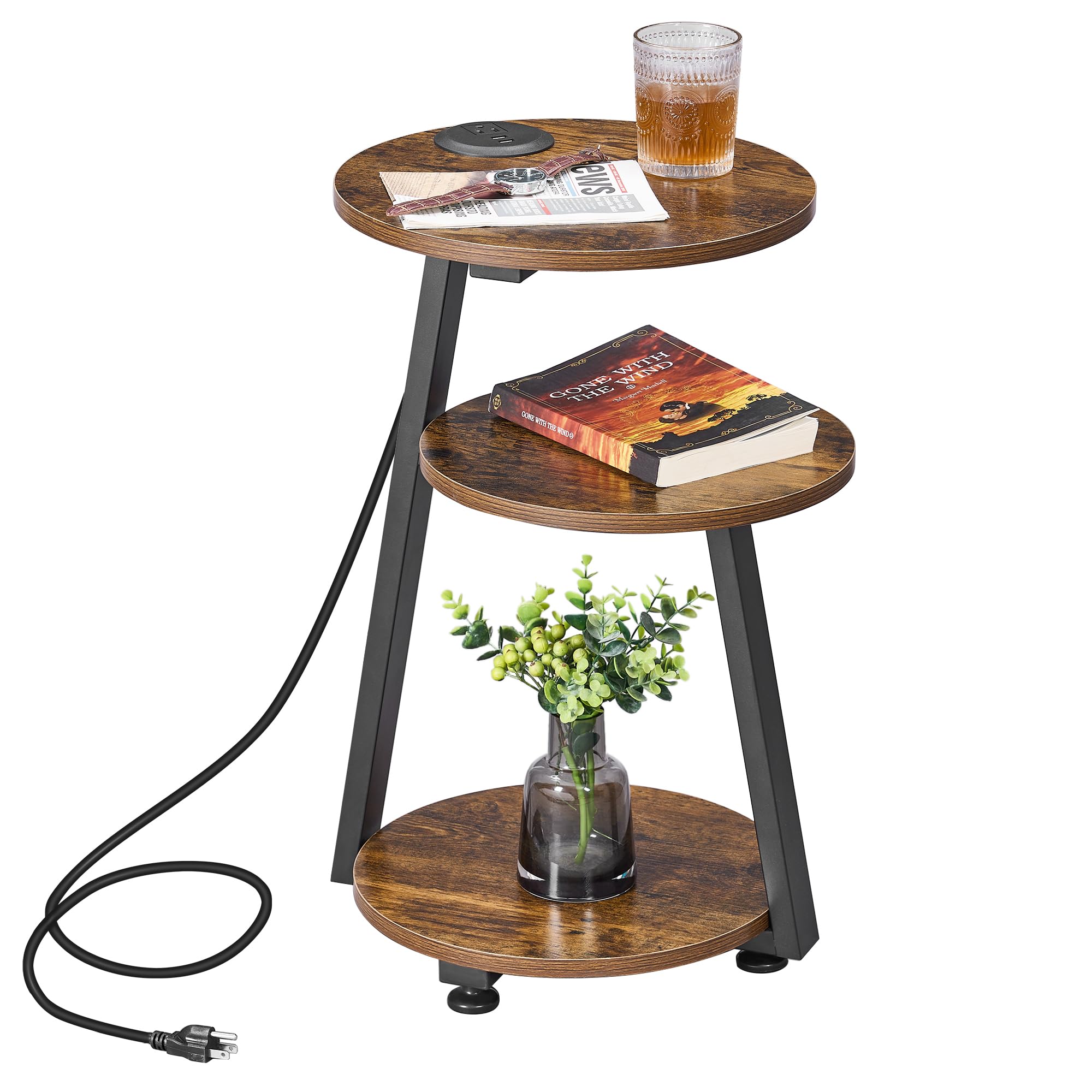 BEWISHOME Round End Table with Charging Station, Accent Side Table Nightstand Bedside Table with 3-Tier Shelves for Living Room 