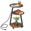 BEWISHOME Round End Table with Charging Station, Accent Side Table Nightstand Bedside Table with 3-Tier Shelves for Living Room 