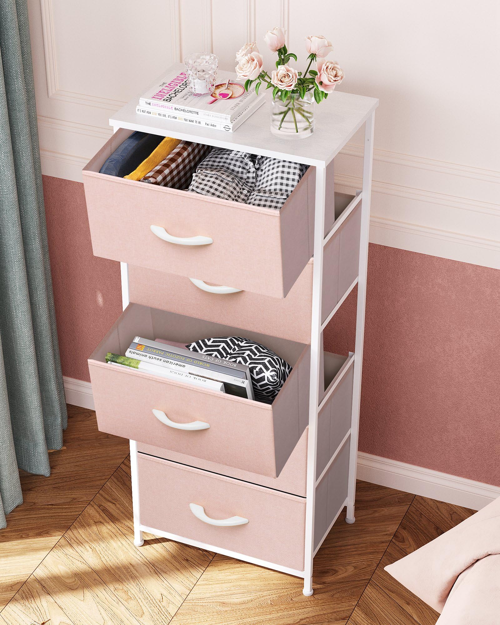 Crestlive Products Tall Dresser For Girls Bedroom, Chest Of 5 Drawers, Fabric Storage Tower, Clothing Organizer For Bedroom, Hallway, Entryway, Closets, Nursery(Pink)
