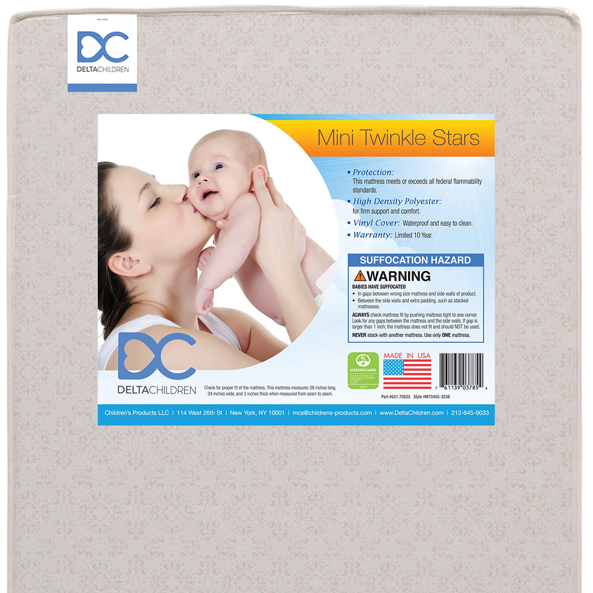 Delta Children Twinkle Stars 3-Inch Mini/Portable Crib Mattress - Premium Sustainably Sourced Fiber Core - Waterproof - Greengua