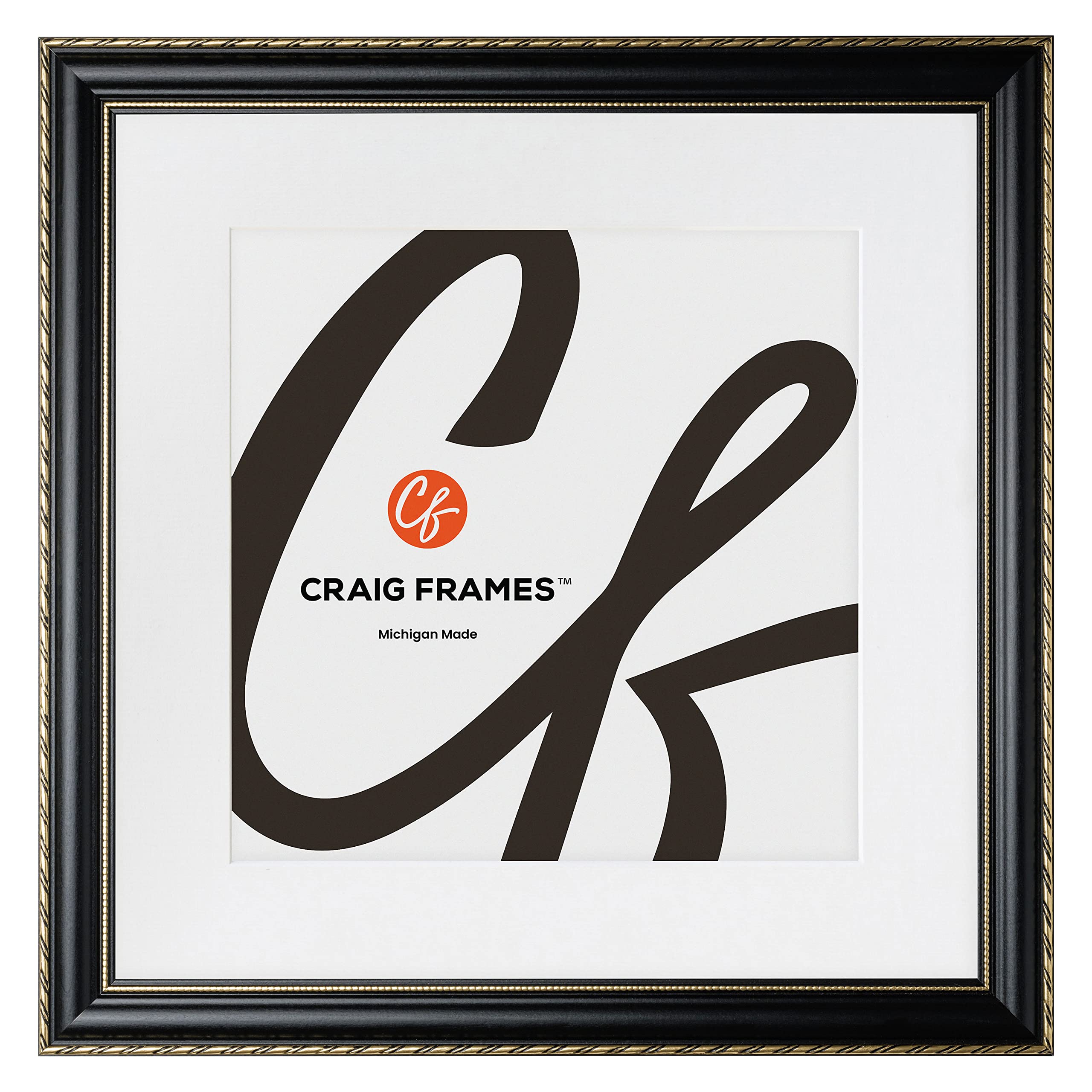 Craig Frames Victoria, 16x16 Picture Frame Matted for a 12x12 Photo, Ornate Black and Gold