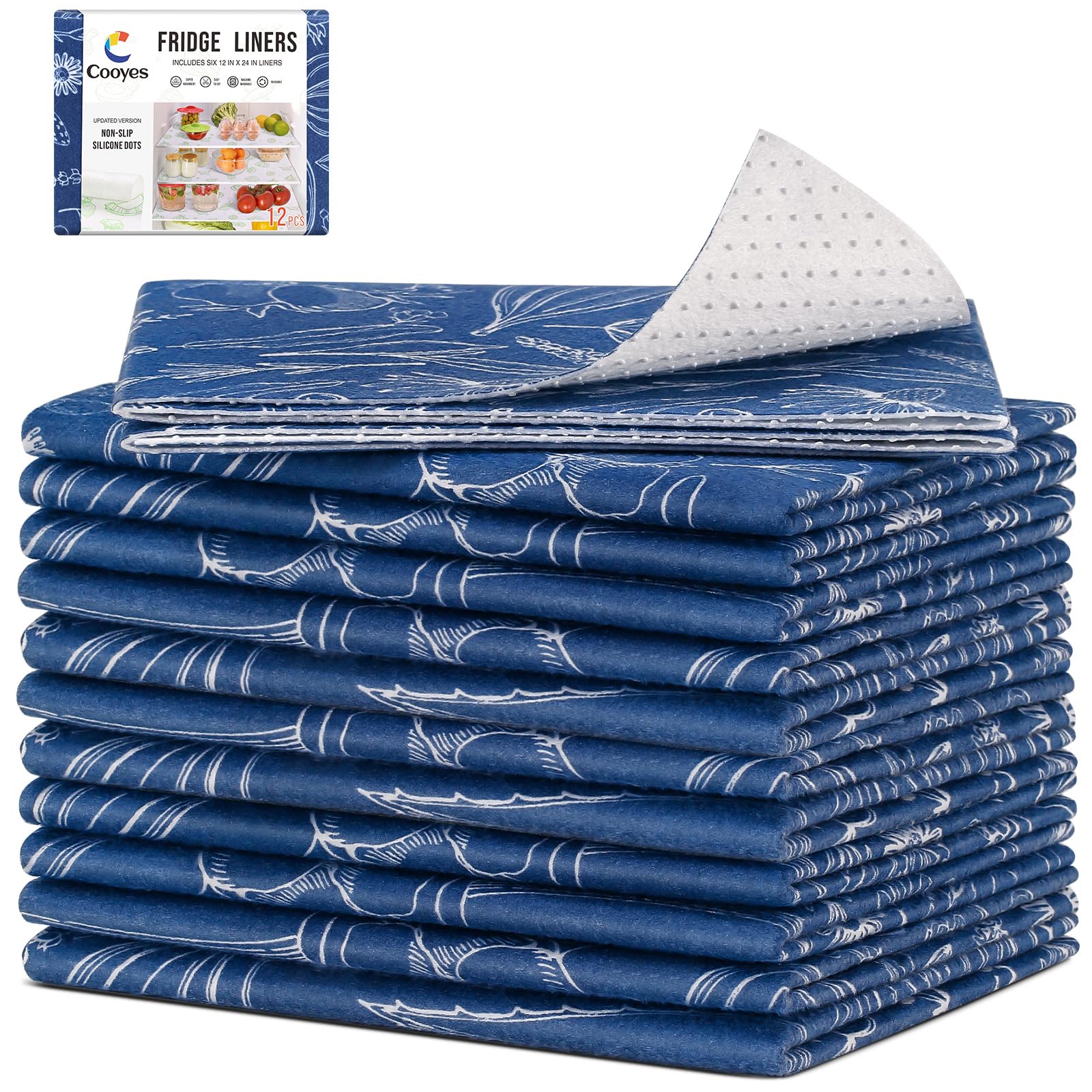 Cooyes Fridge Bin Liners, 12 Pack Refrigerator Liners with Non-Slip Particles, Drawer Mats for Kitchen Cabinets, Breathable Clot