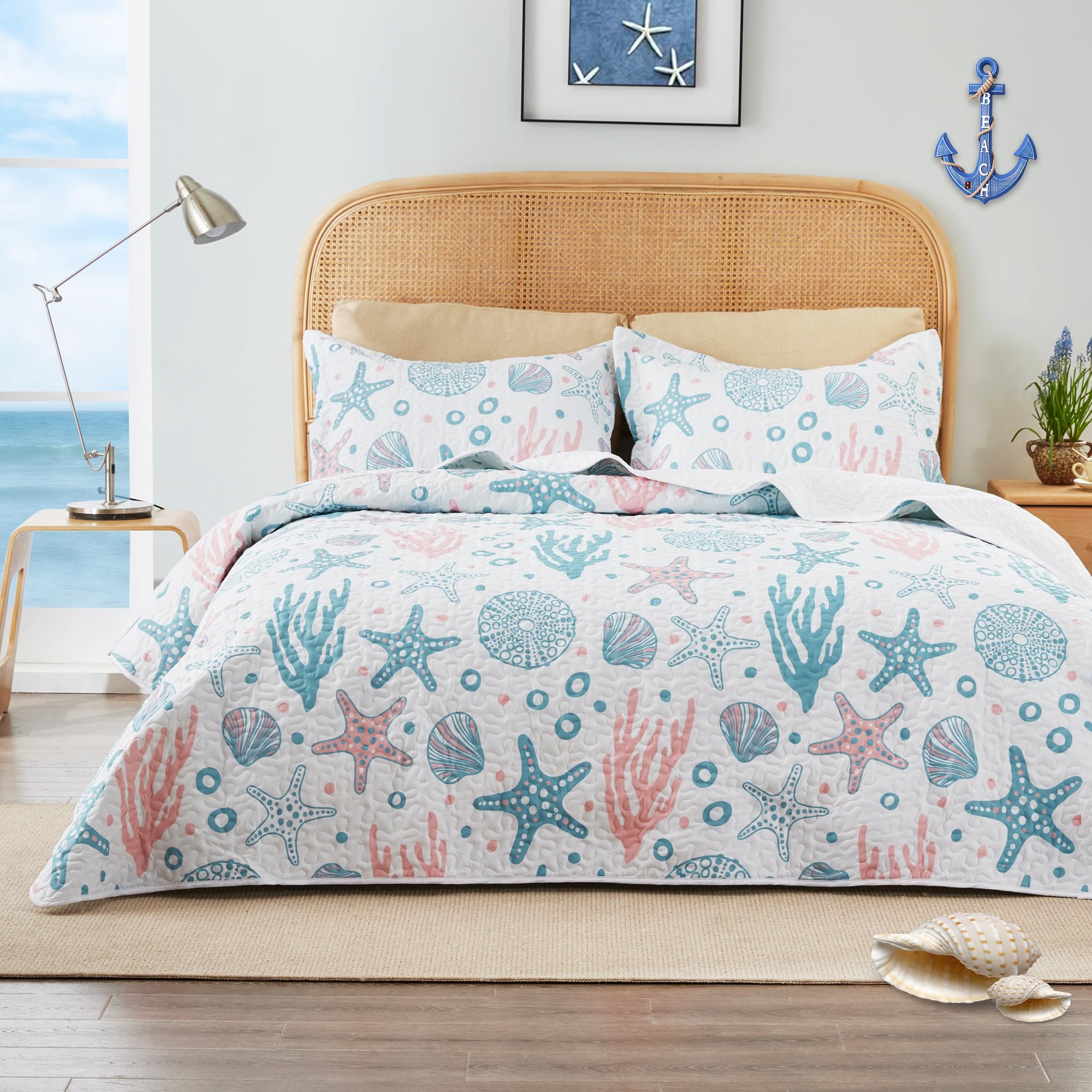 Love'S Cabin Cal King Size Quilt Bedding Set Coastal Pink Bedspreads - Summer Beach Nautical Quilt Lightweight Bedspread- Revers