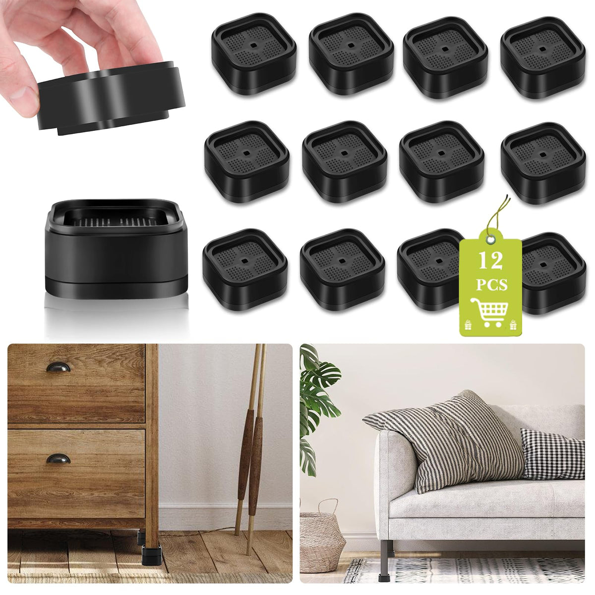 12 Pack Furniture Risers 1, 2 Or 3 Inch, Adjustable Bed Risers Heavy Duty For Table Desk Couch Chair Sofa Cabinet Bed Legs Dorm,