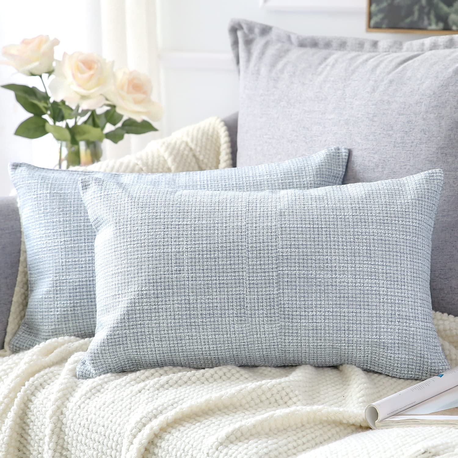 Otostar Linen Throw Pillow Covers Set Of 2 Decorative Square Pillowcases Cushion Covers 16X24 Inch For Home Decor Sofa Bedroom Car 40 X 60 Cm Blue Grey