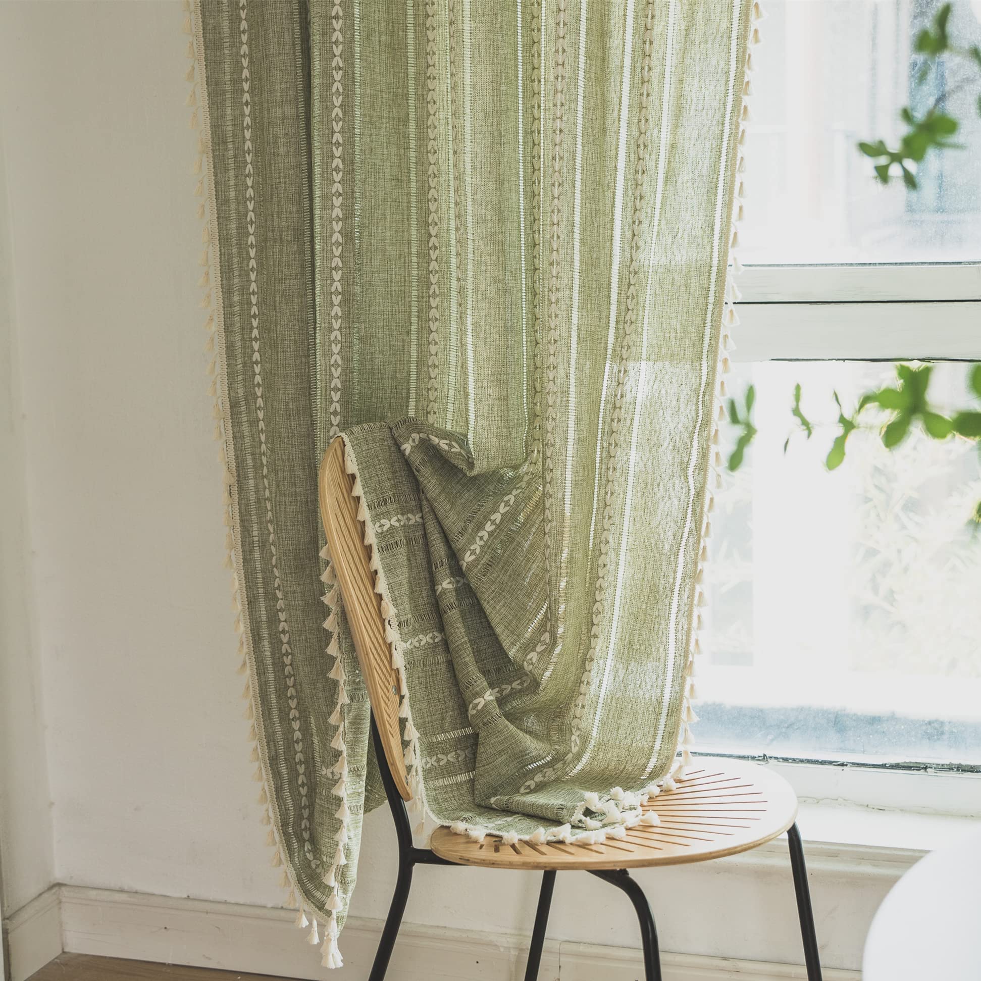 Sutuo Home Boho Curtains For Bedroom Living Room Kitchen, Semi-Blackout French Country Farmhouse Vintage Linen Shabby Chic Tassels Hollow Window Treatment Bohemian Drape, 1 Panel 52' W X 63' L, Green