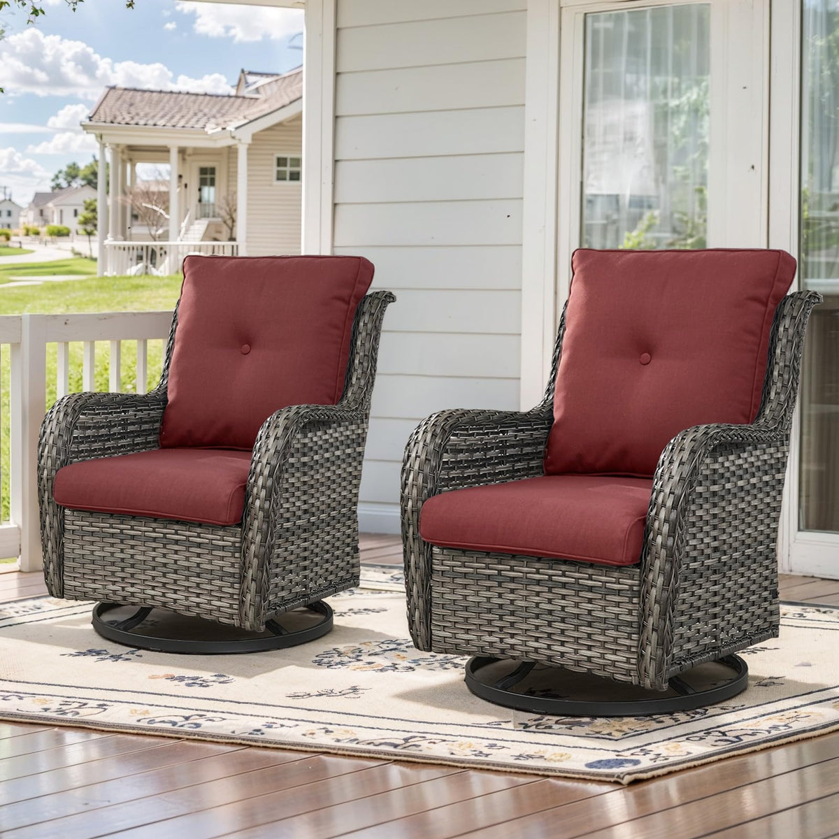 Belord Outdoor Swivel Rcoker Wicker Chairs - Swivel Patio Chairs Set Of 2 Patio Furniture Sets With Covered Cushion For Porch Deck Balcony Backyard, Red