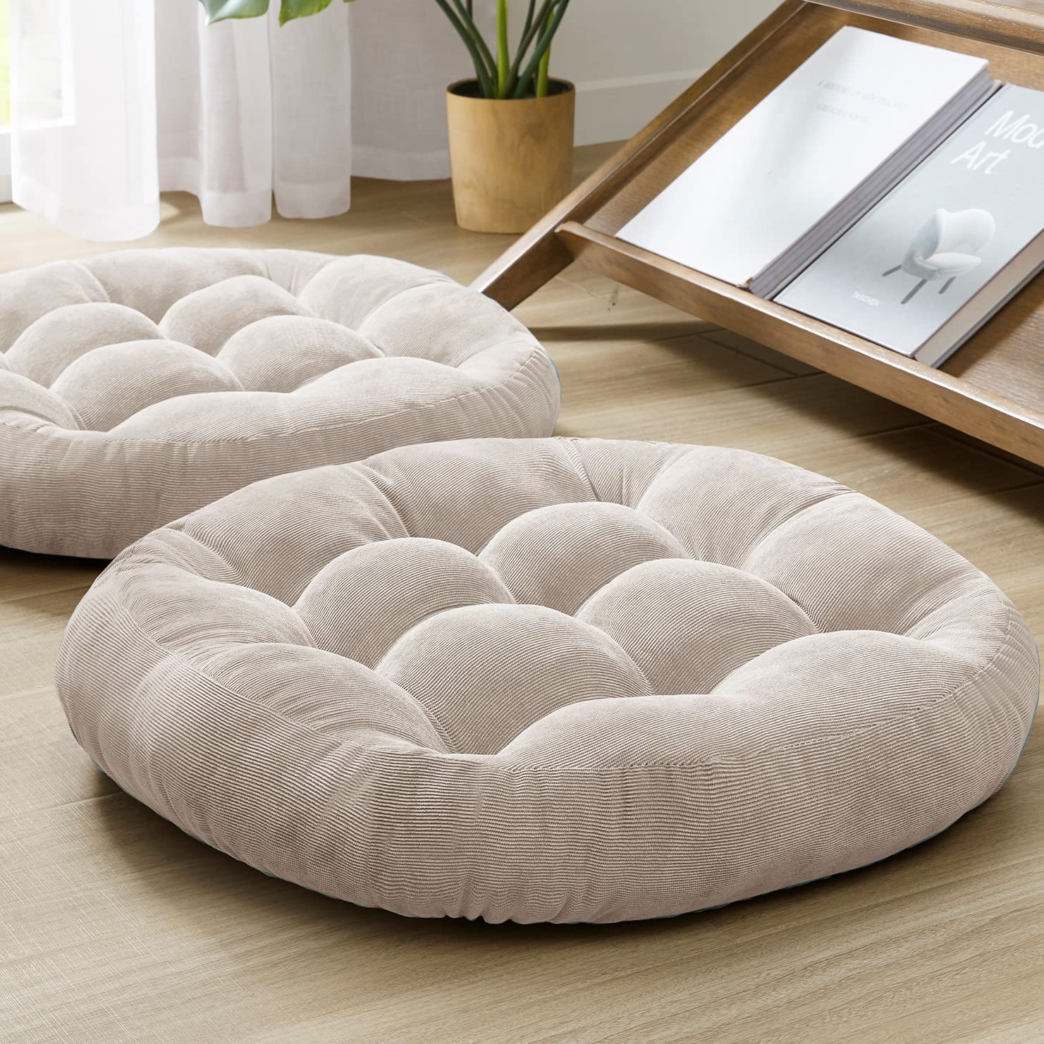 Meditation Floor Pillow Set of 2, Round Large Pillows Seating for Adults, Tufted Corduroy Floor Cushion for Living Room Tatami, 