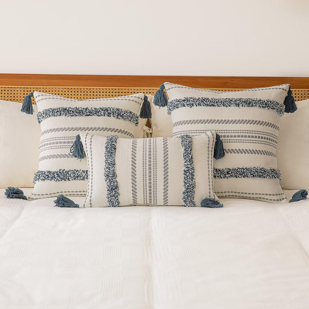 Buiovbey Boho Throw Pillow Covers 12X20 Set Of 2 Woven Tufted Farmhouse Pillows Cover With Tassels Textured Striped Cushion Case