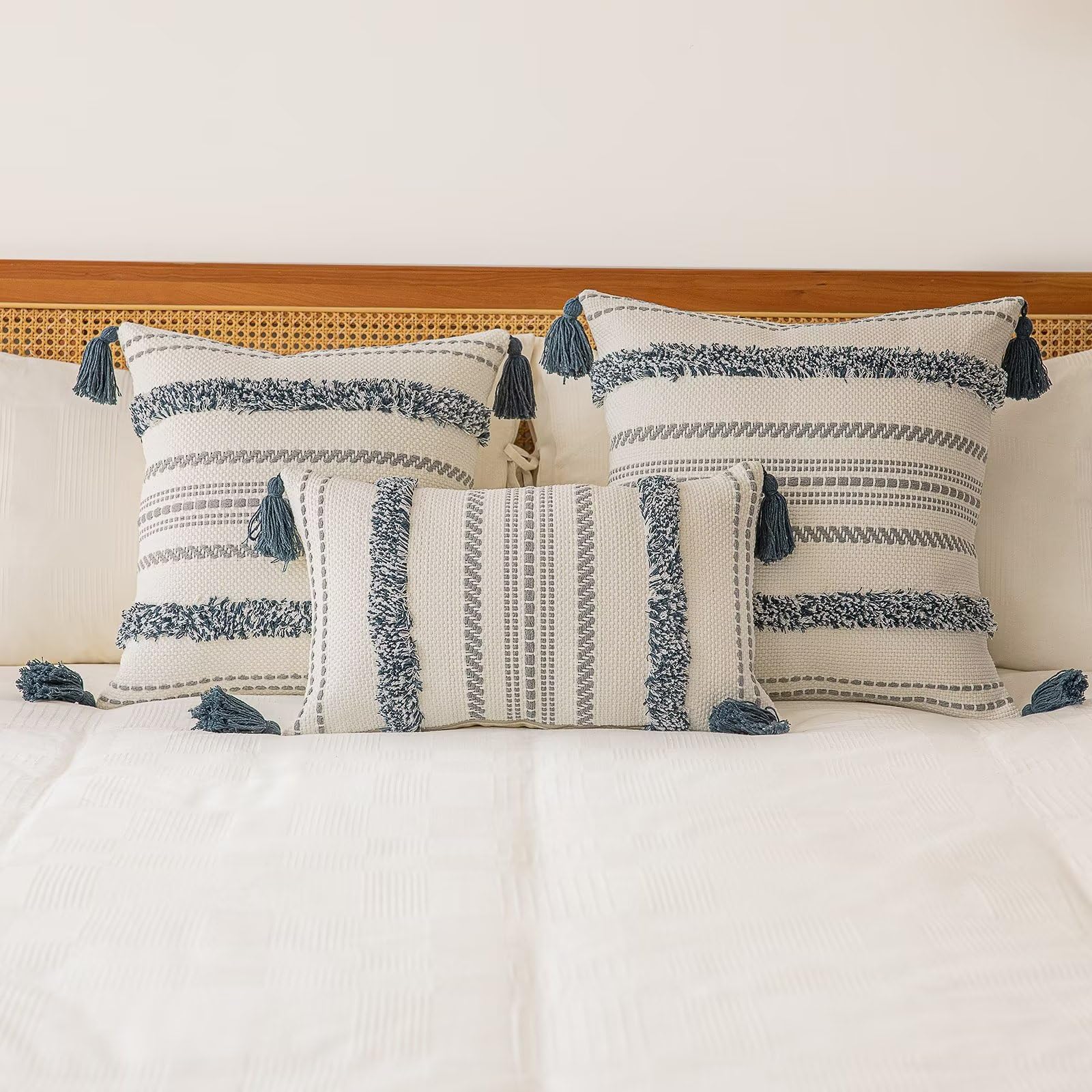 Buiovbey Boho Throw Pillow Covers 12X20 Set Of 2 Woven Tufted Farmhouse Pillows Cover With Tassels Textured Striped Cushion Case