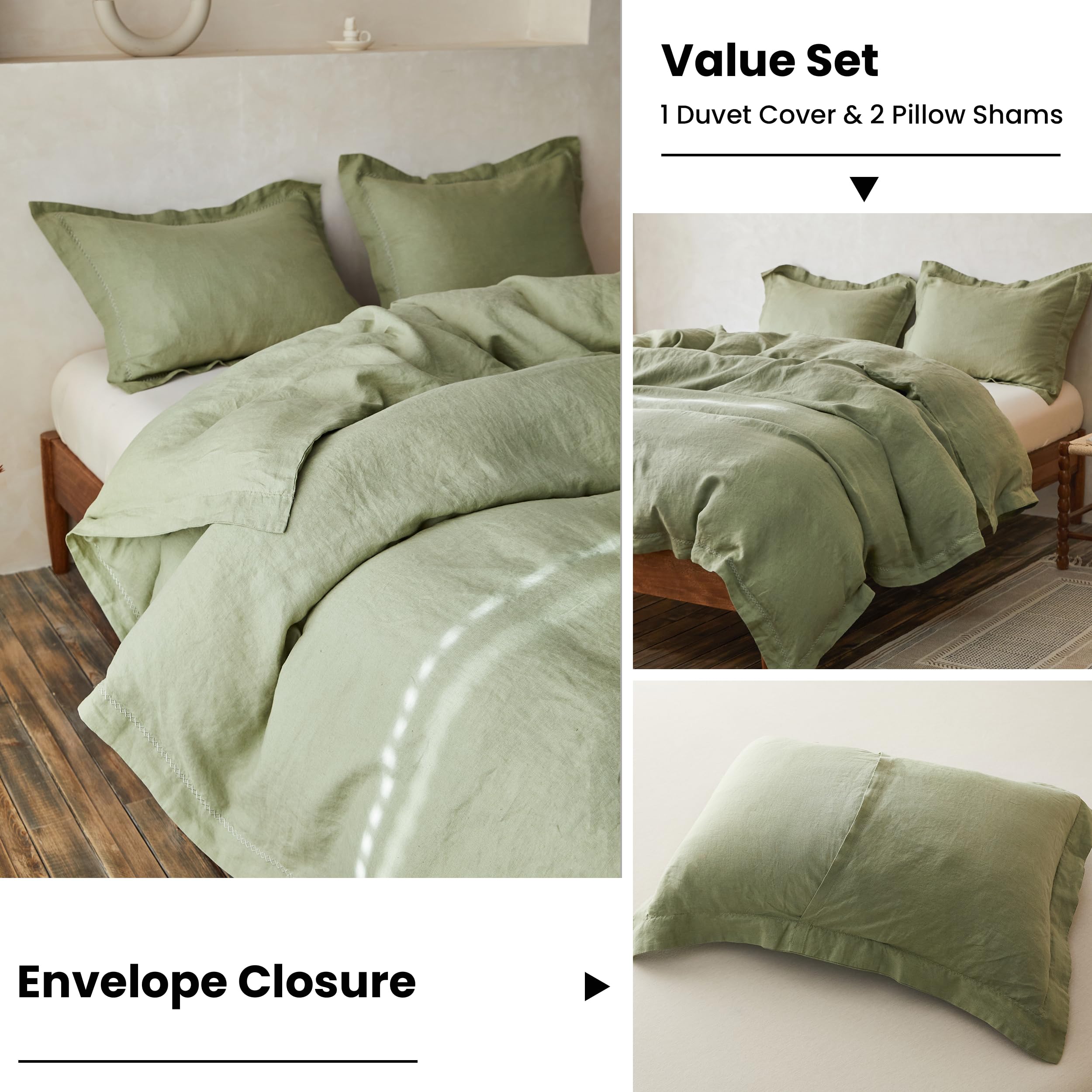 Simple&Opulence 100% Linen Duvet Cover Set With Crossed Embroidery Washed - 3 Pieces (1 Duvet Cover With 2 Pillow Shams) Soft Breathable Farmhouse - Sage Green, King Size