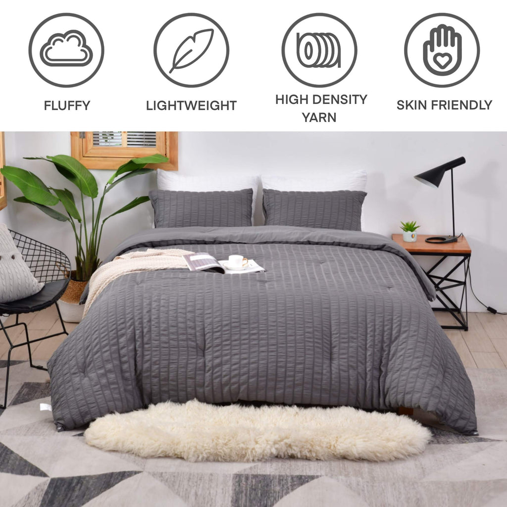 Avelom Seersucker King Comforter Set (104X90 Inches), 3 Pieces - 100% Soft Washed Microfiber Lightweight Comforter With 2 Pillowcases, All Season Down Alternative Comforter Set For Bedding, Gray