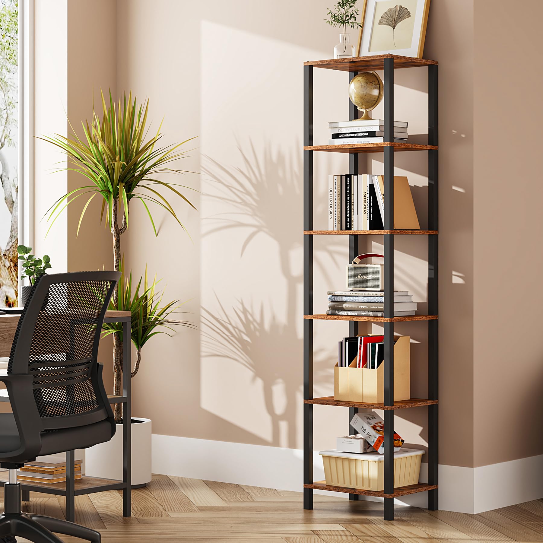 Tutotak Bookshelf, 6-Tier Tall Book Shelf, Narrow Bookcase For Small Space, Diy Stackable Bookshelf, For Living Room, Office, Study, Entryway, Industrial, Rustic Brown Bs01Bb006