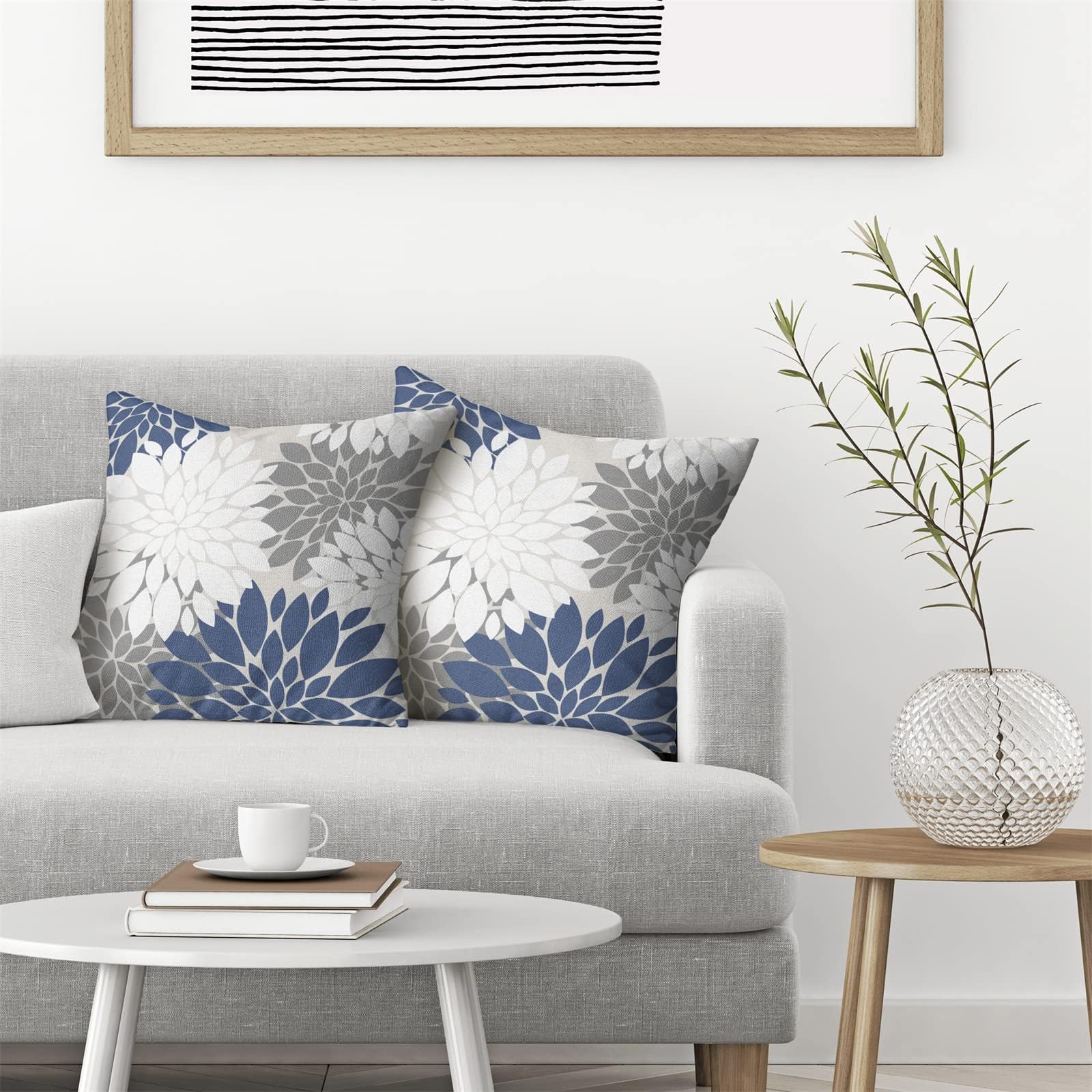Cxmeifly Navy Blue White Grey Pillow Covers 24X24 Inch Set Of 2 Dahlia Floral Decor Throw Pillows Summer Modern Geometry Flower