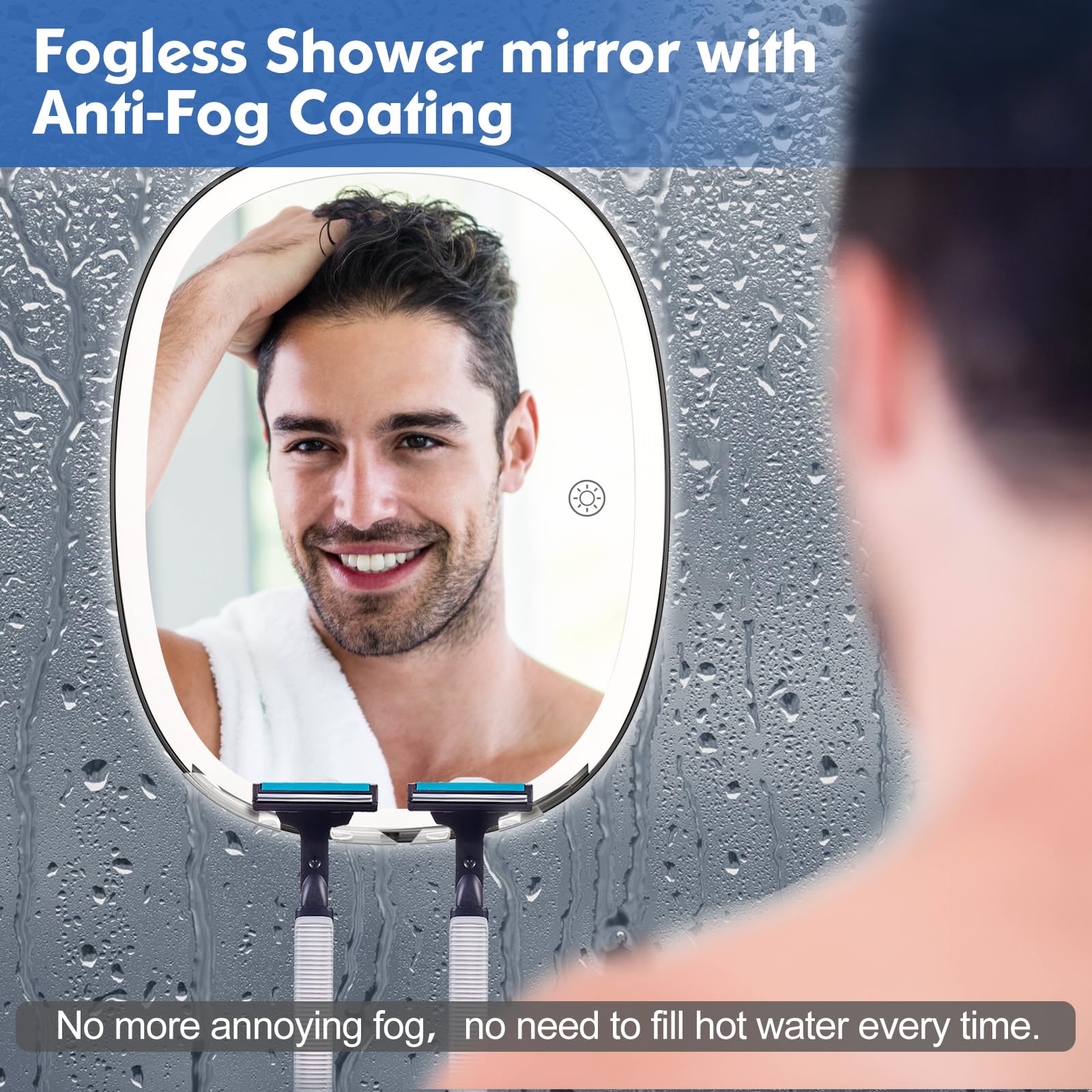 Cosmirror Shower Mirror Fogless For Shaving With Razor Holders, No-Drilling, 3-Color Dimmable Lights - Larger Anti-Fog Shower Mi