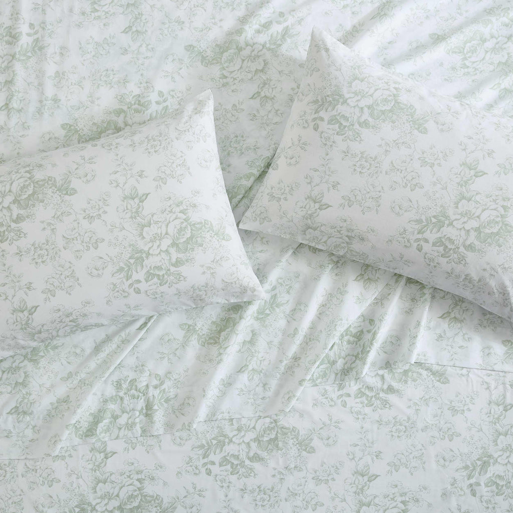Laura Ashley - King Sheets, Cotton Percale Bedding Set, Lightweight & Breathable Home Decor (Toile Delight Green, King)